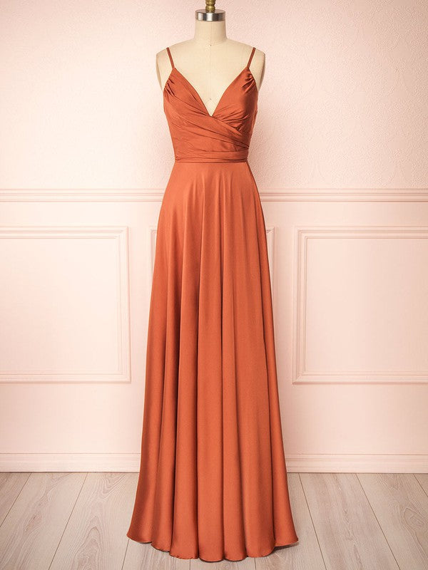 Gorgeous A-Line V-Neck Spaghetti Straps Satin Floor-Length Ruffles Bridesmaid Dresses