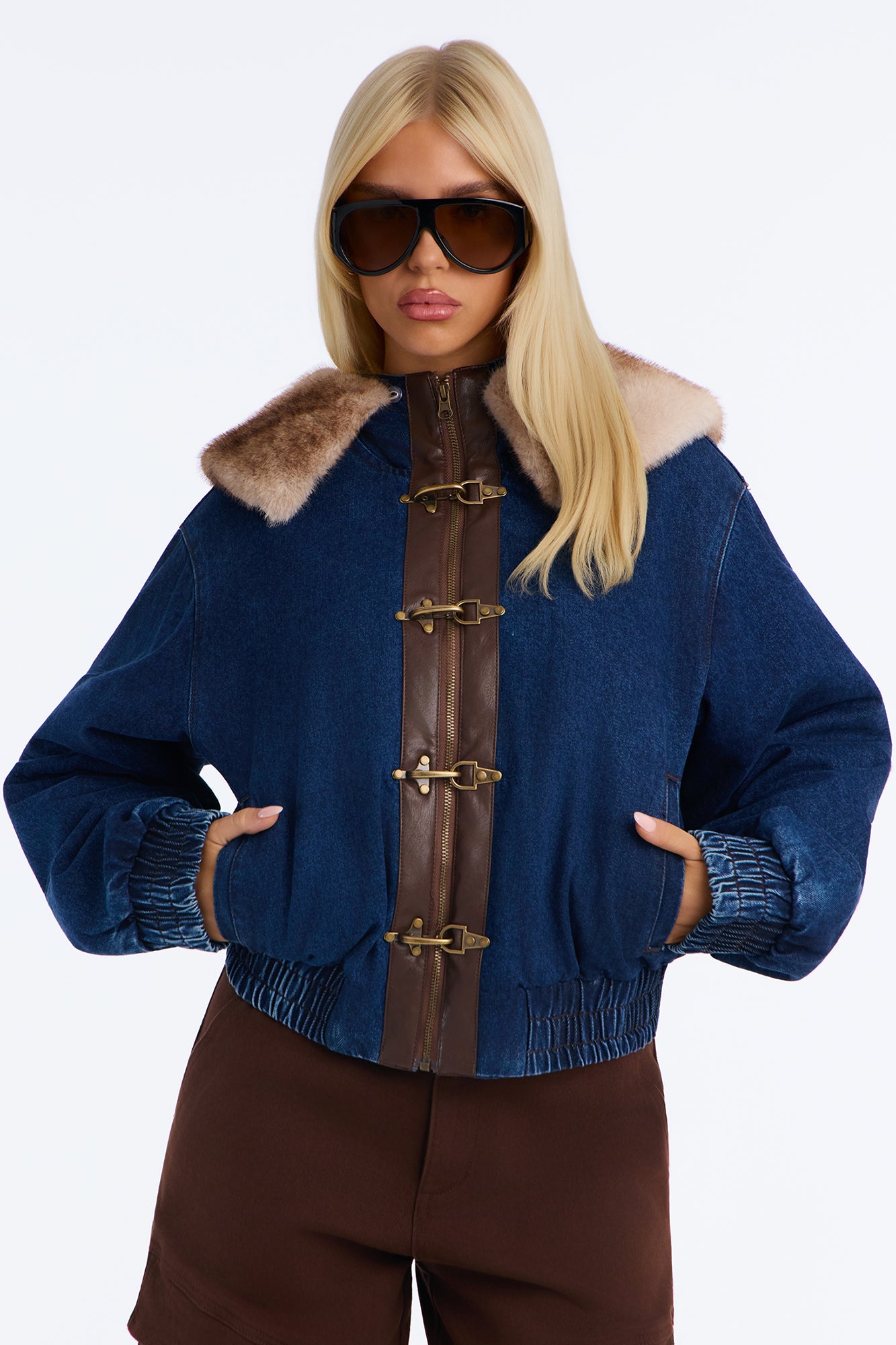 Basel Nights Lined Faux Fur Trim Hooded Denim Jacket - Dark Wash