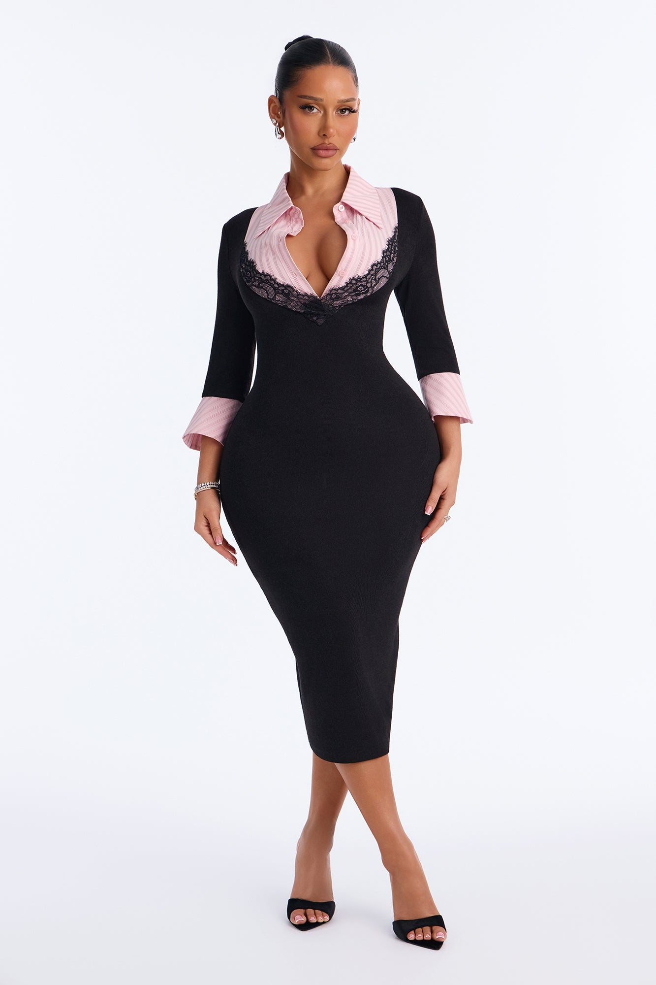 Office Tease Collared Lace Midi Dress - Black/Pink