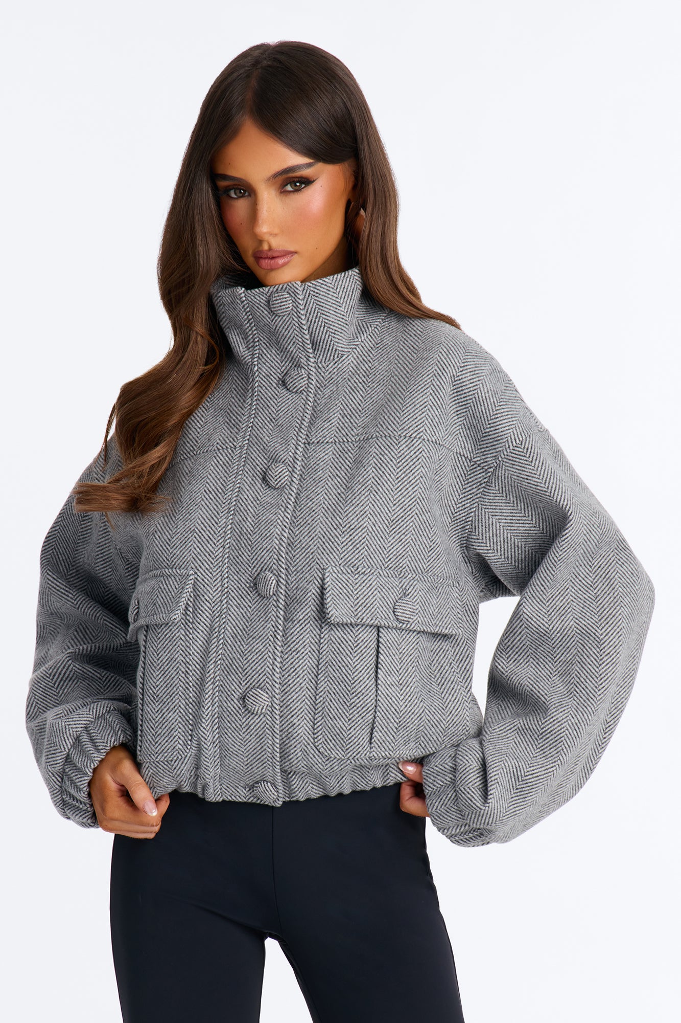Fia Funnel Neck Textured Effortless Bomber - Grey