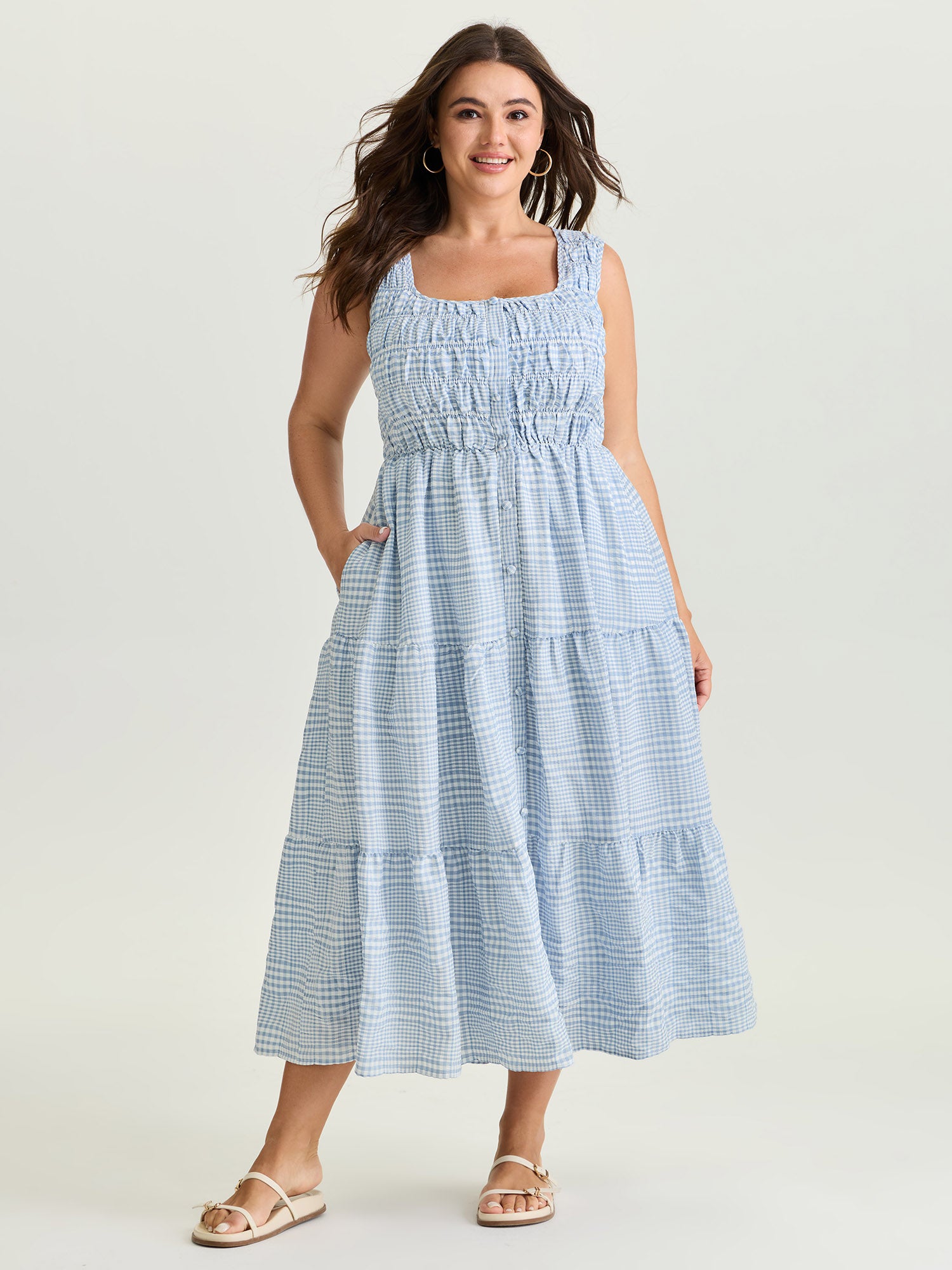 Check Pattern Shirred Bodice Midi Dress