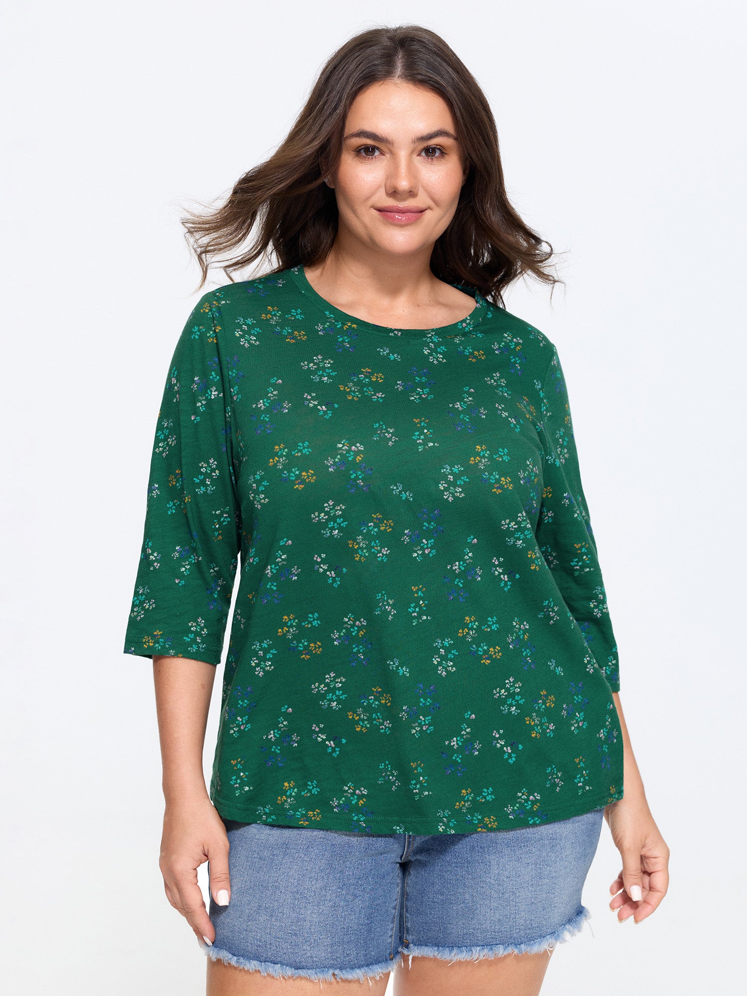Cotton Stretchy Floral Print 3/4 Sleeve T-Shirt
