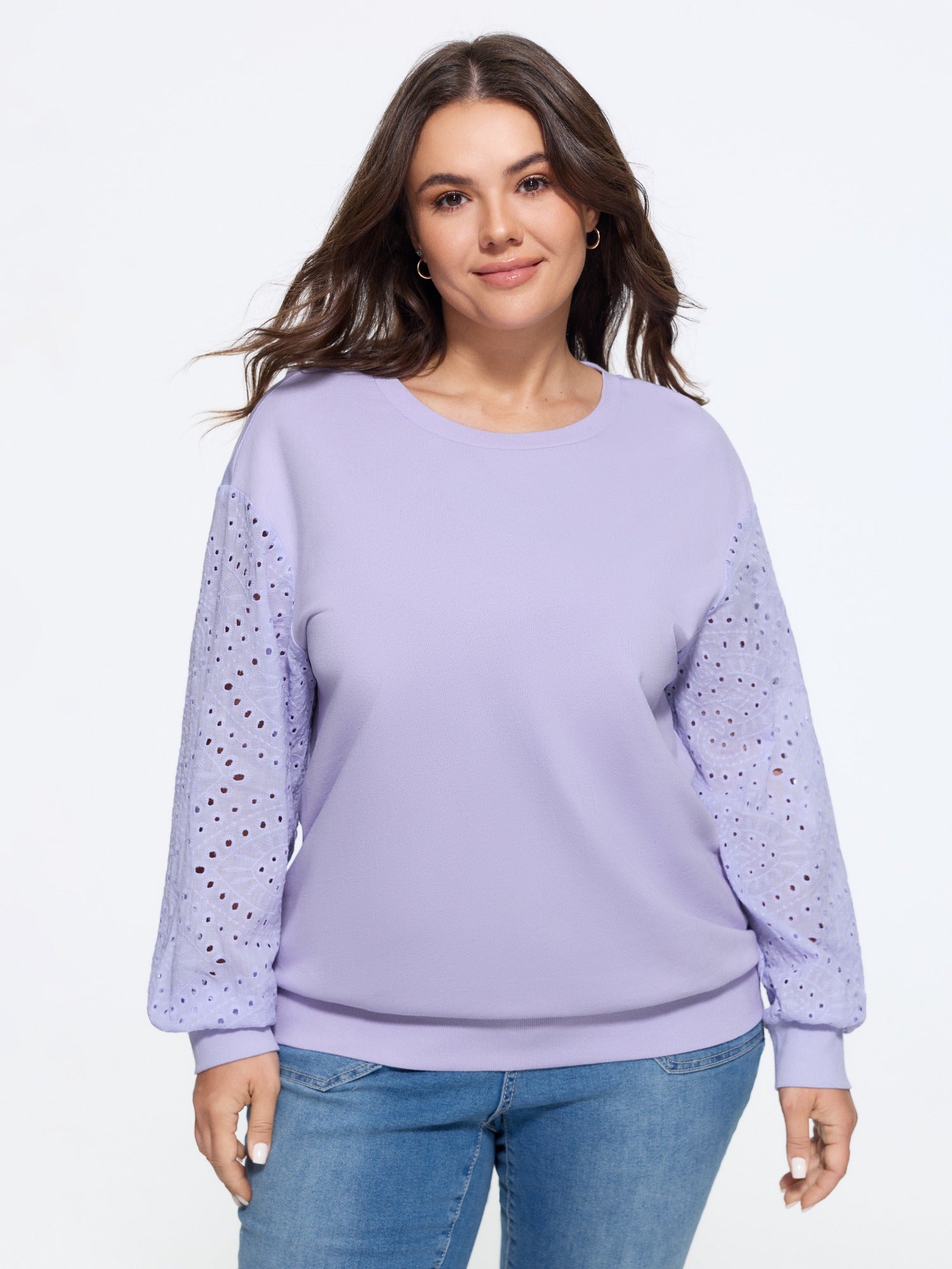 Cotton Embroidered Patch Lantern Sleeve Crew Neck Sweatshirt