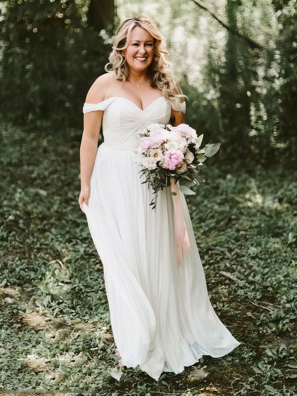 Elegant A-Line Off-The-Shoulder V-Neck Chiffon Floor-Length Wedding Dresses with Ruffles
