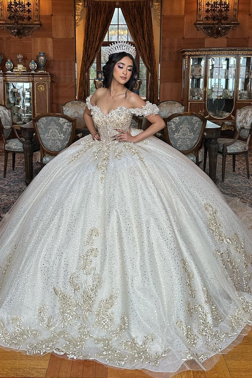White and Golden Sparkling Off-Shoulder Princess Quinceanera Dress with Sequin Applique and Tulle Train