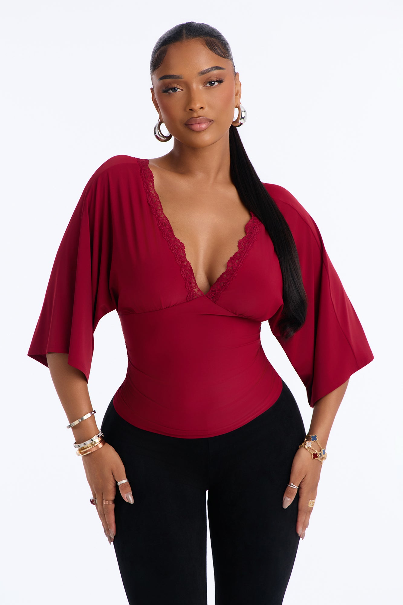 Brenda Lace Trim Short Sleeve Top - Wine