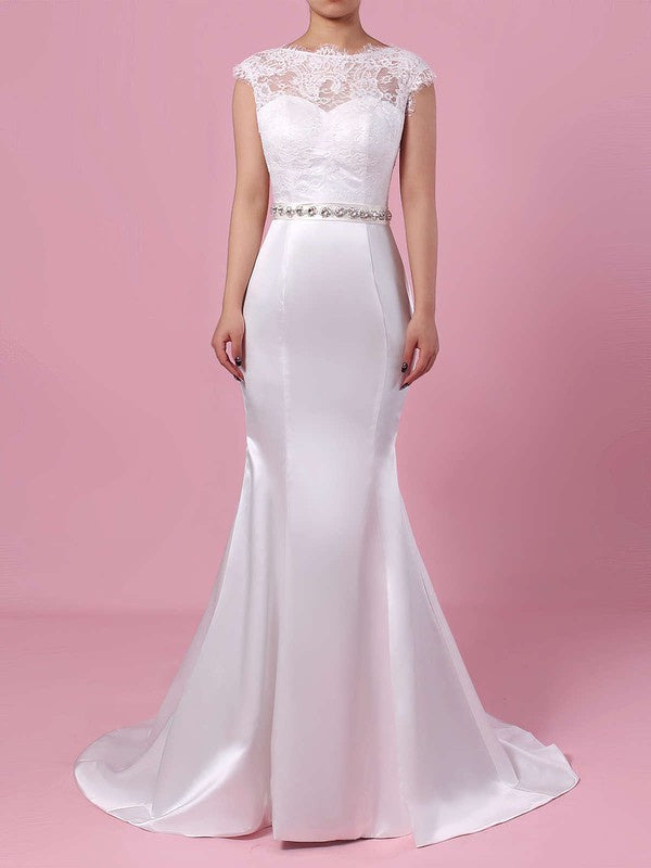 Elegant Trumpet Capped Lace Satin Sweep Train Wedding Dresses with Beading