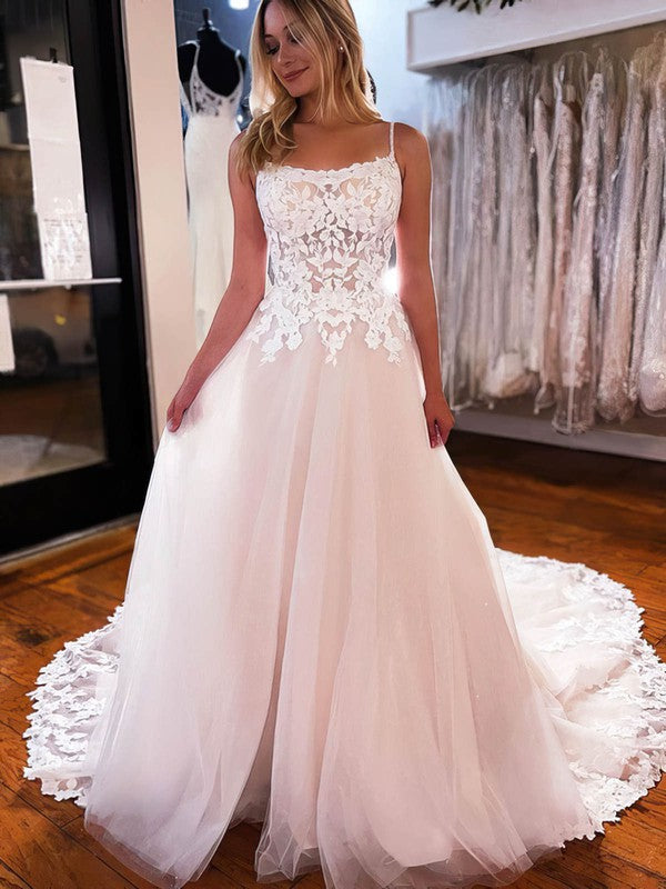 Elegant Square Neck Sleeveless Tulle Lace A-Line Wedding Dresses
