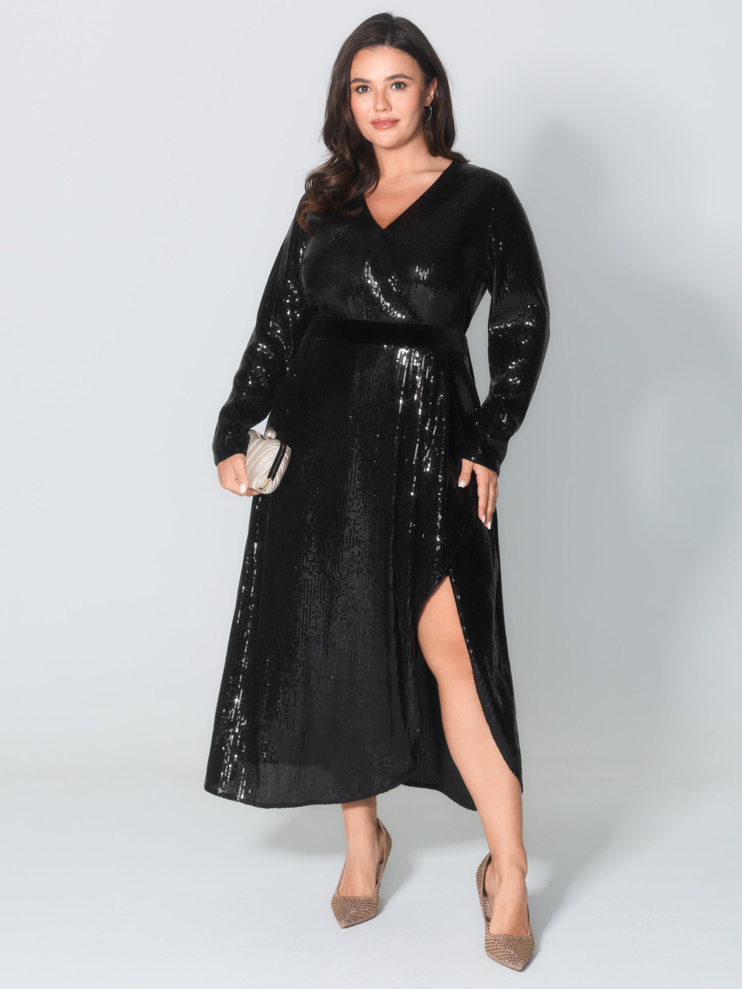 Sparkly Sequin Waist-Defining Sheer Maxi Dress