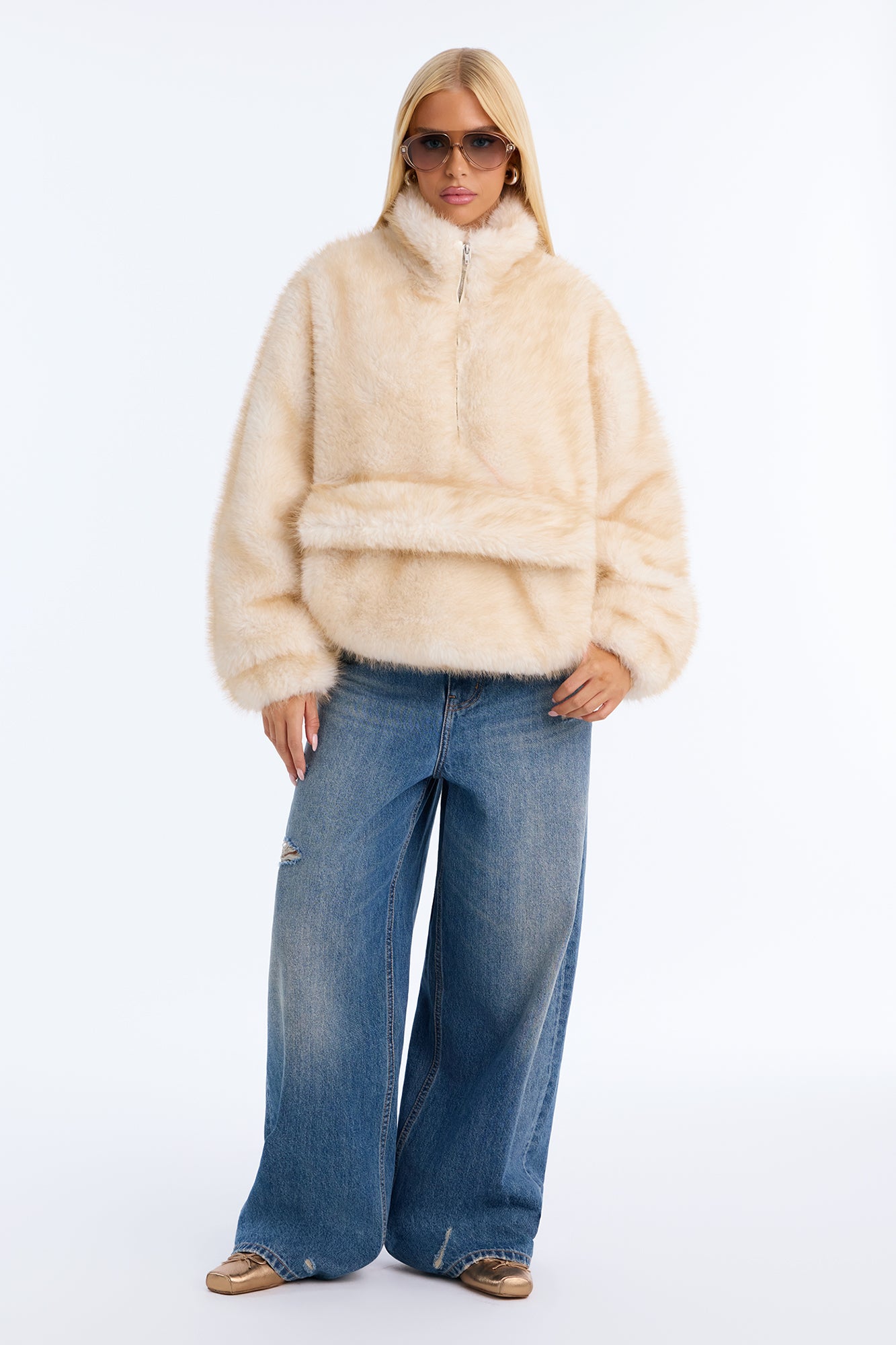 Kualene Faux Fur Oversized Quarter Zip Pullover Coat - Ivory