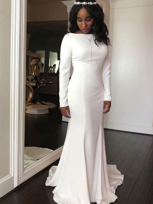 Chic Mermaid Bateau Neck Stretch Satin Long Sleeves Sweep Train Wedding Dresses