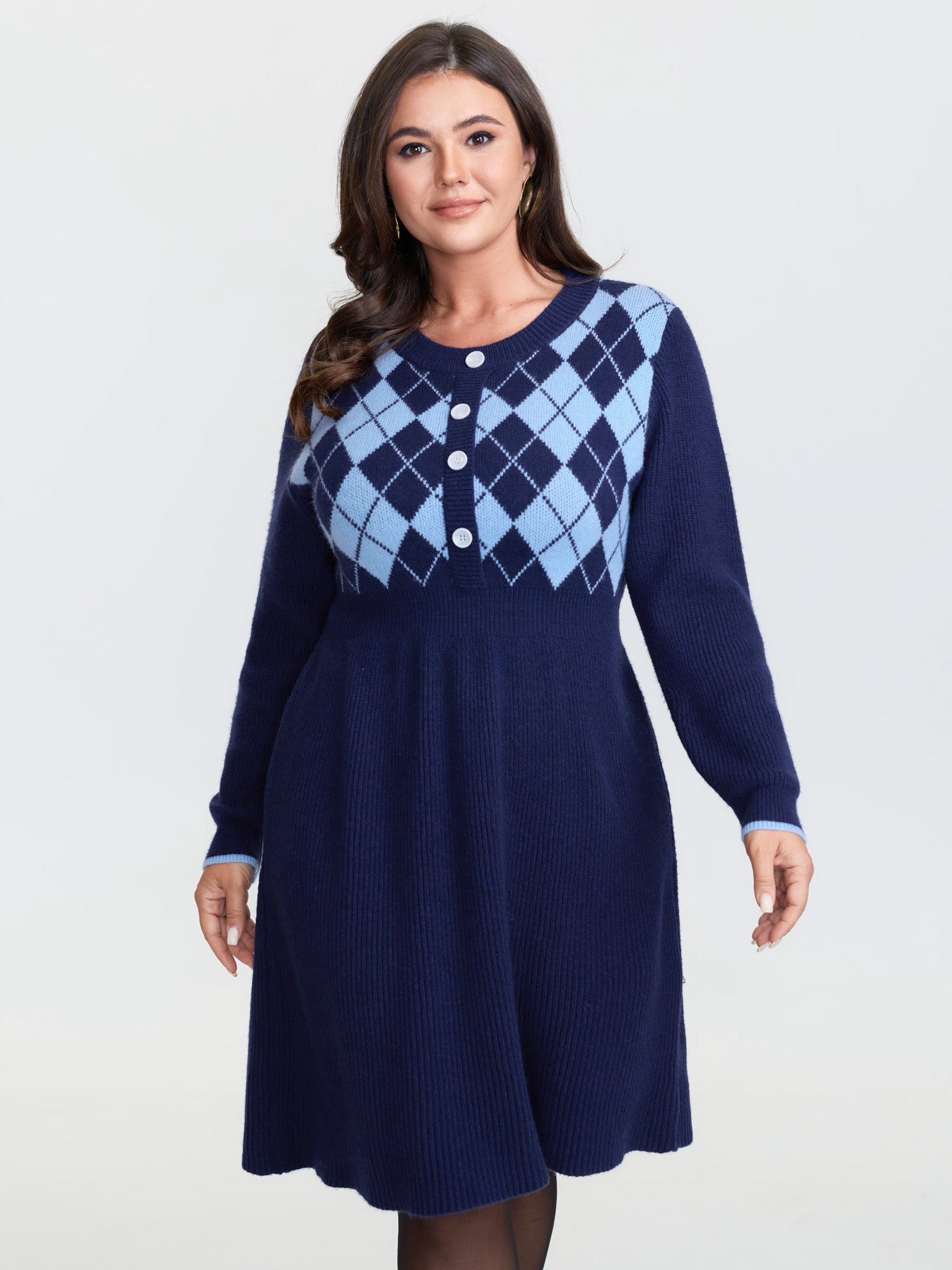 Jacquard Diamond Pattern Midi Sweater Dress
