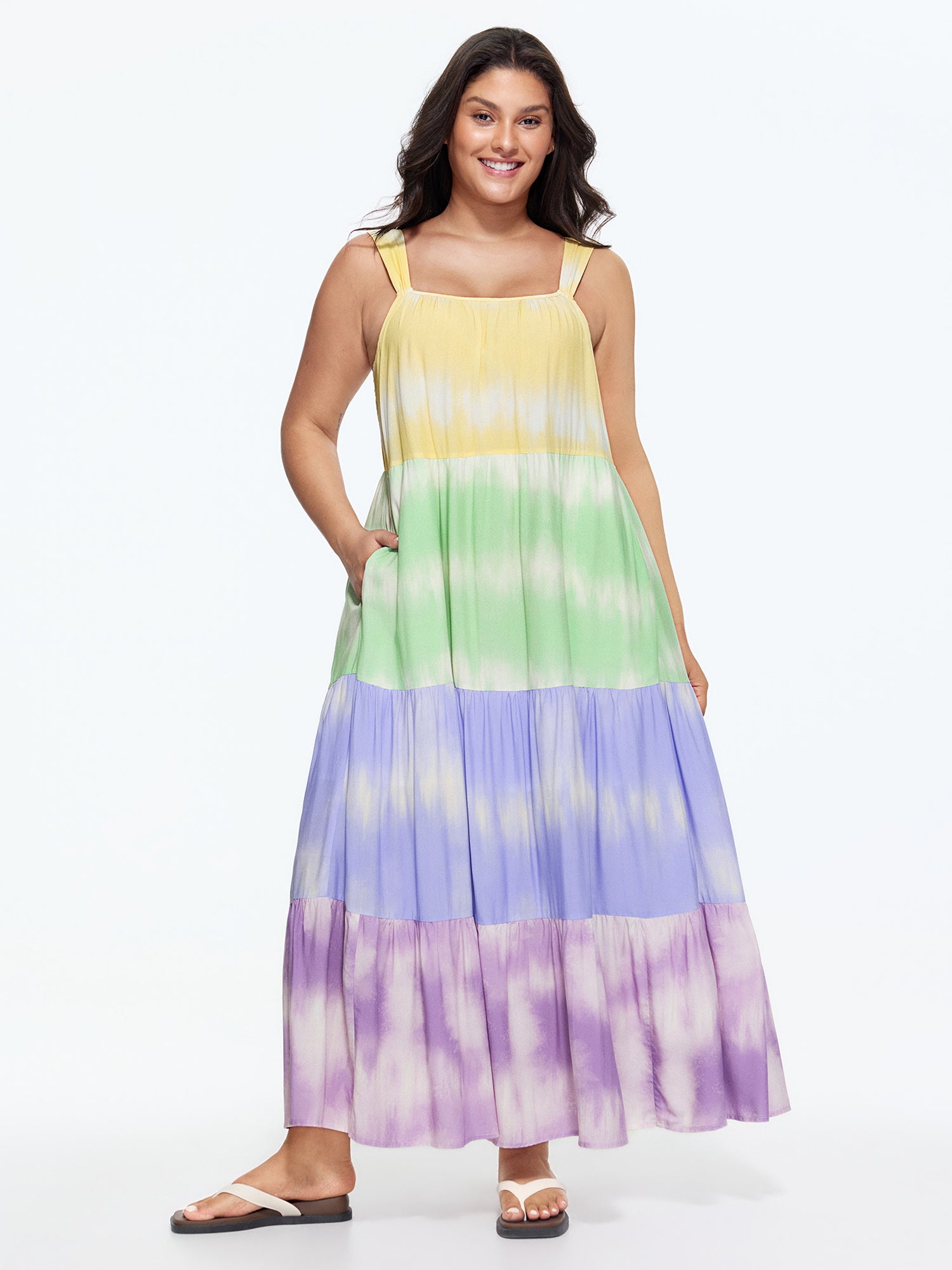 Colorblock Tiered Wide-Straps Maxi Dress