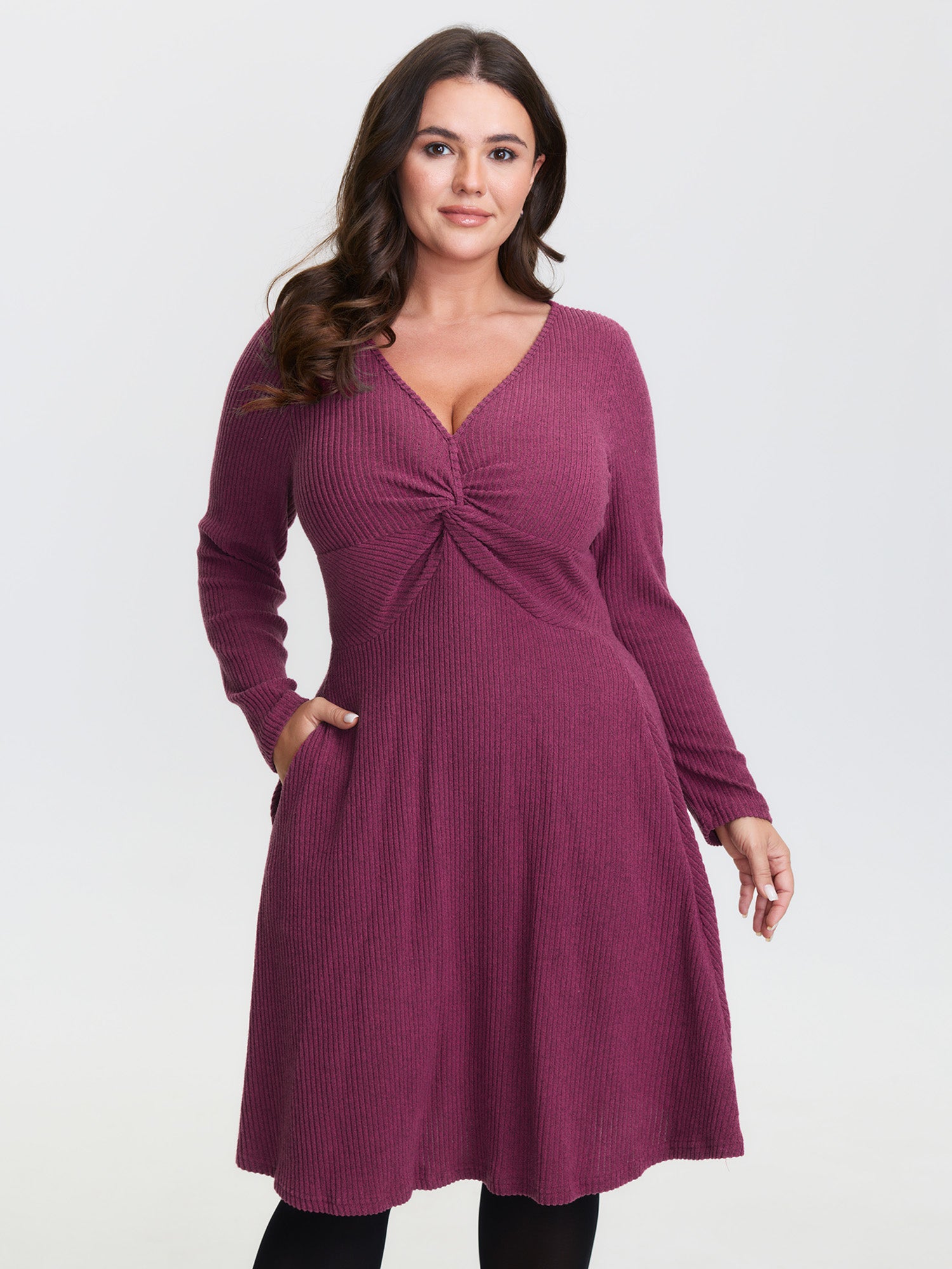 Twist Bodice Ribbed V-Neck Midi Dress
