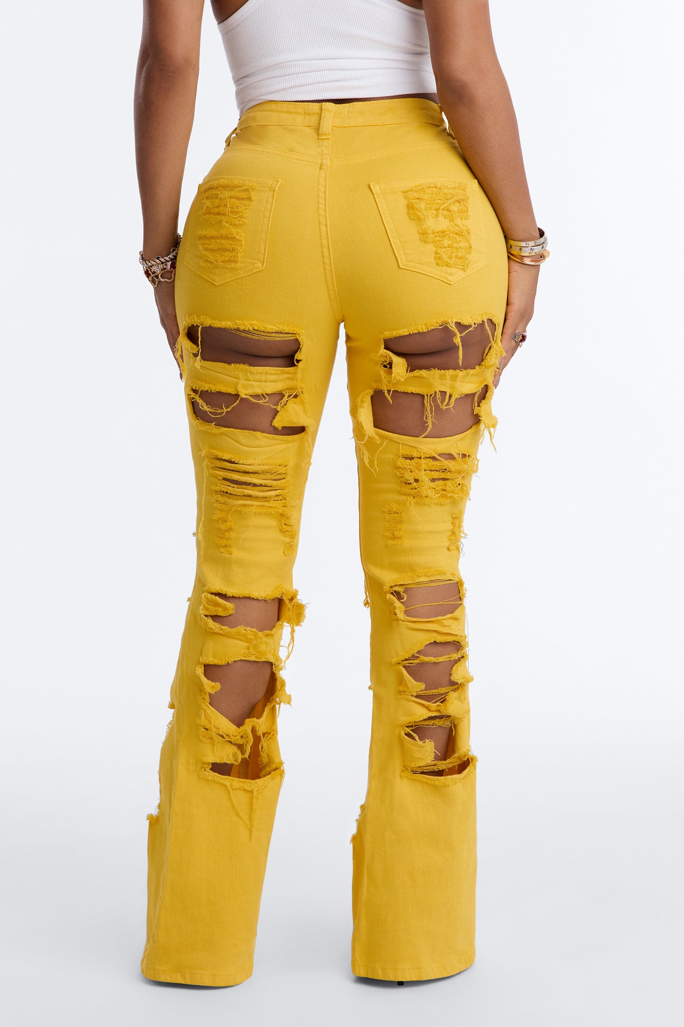End Of Summer Ripped High Rise Flare Leg Jeans - Mustard