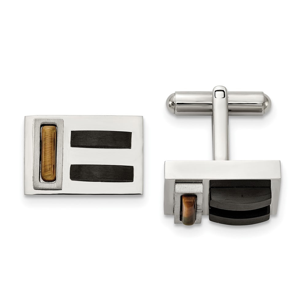 Two Tone Stainless Steel & Tiger's Eye Rectangle Cuff Links, 19 x 13mm