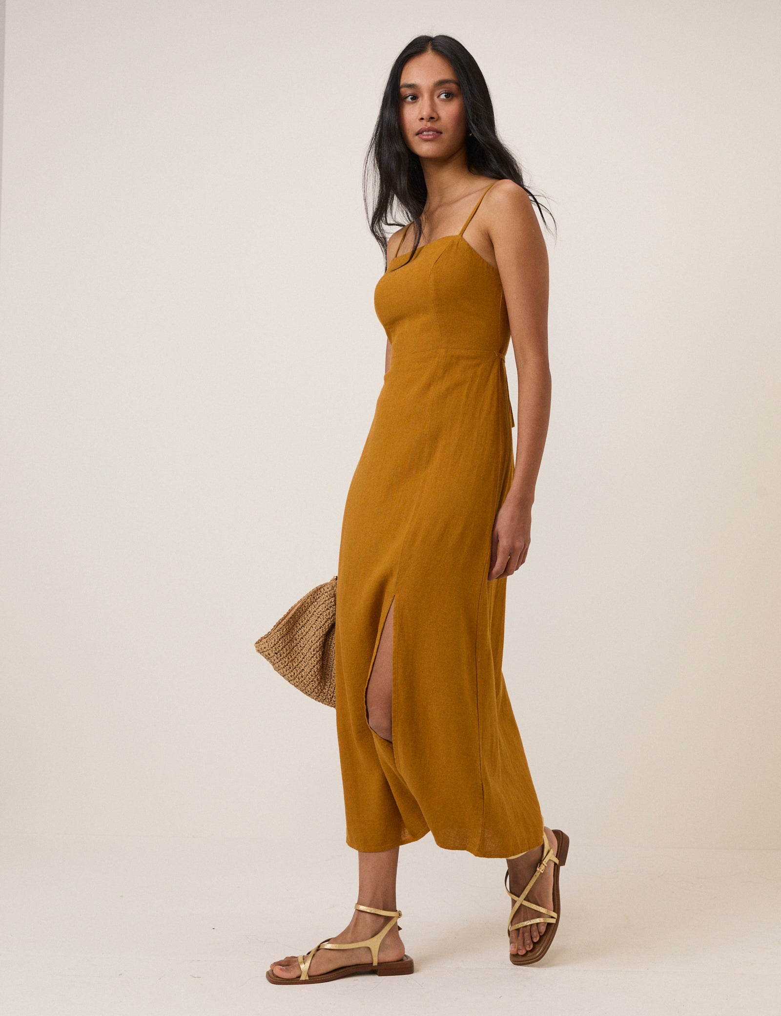 Mustard Yellow Linen-Rich Maddy Midi Dress