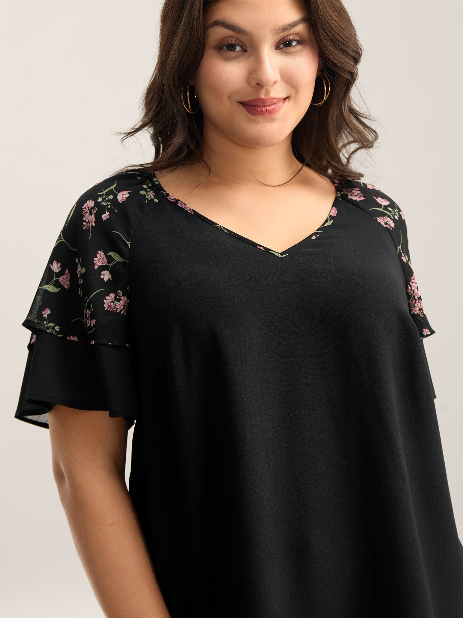 Floral Layered Sleeve Solid Blouse