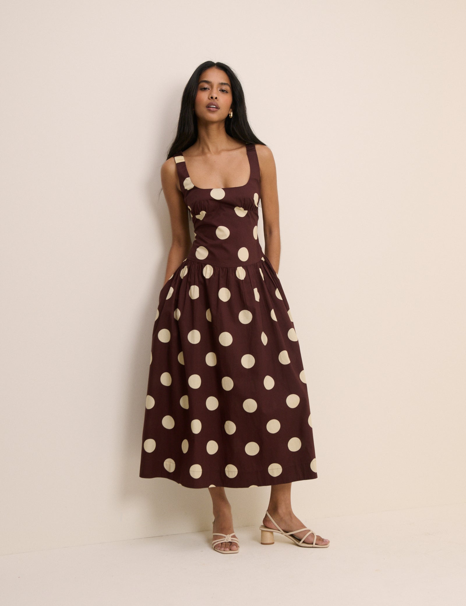 Brown and Cream Polka Dot Panelled Soraya Midi Dress
