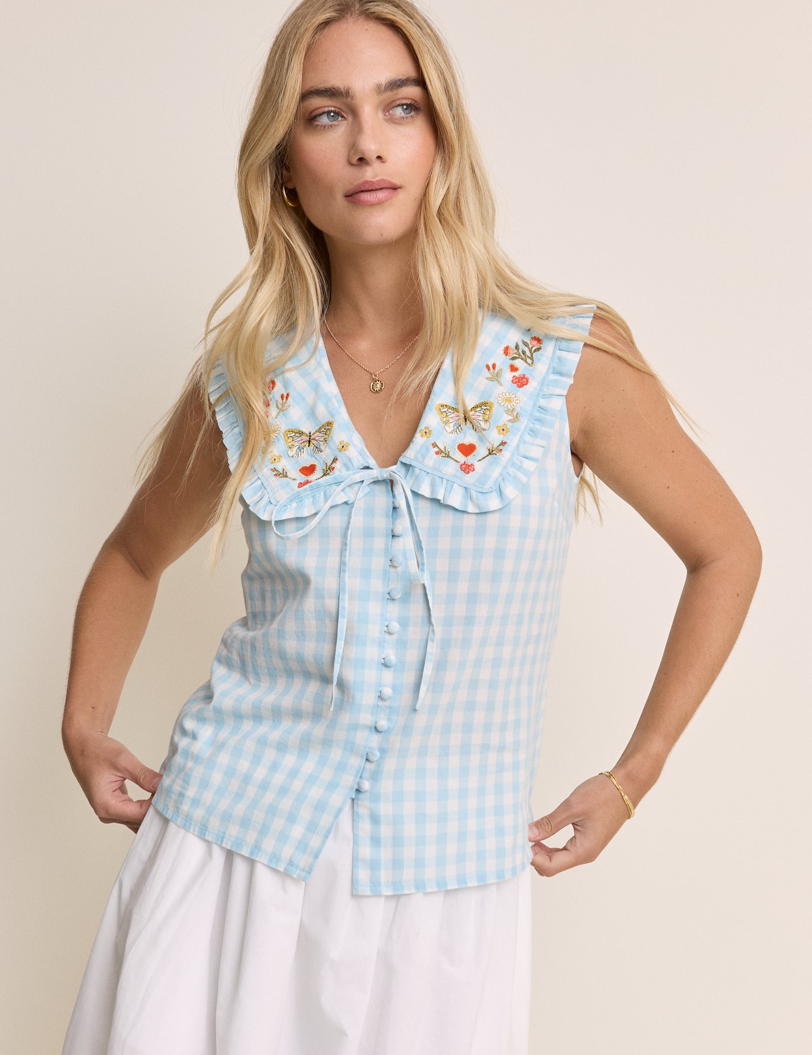 Blue Gingham Embroidered Birdie Blouse