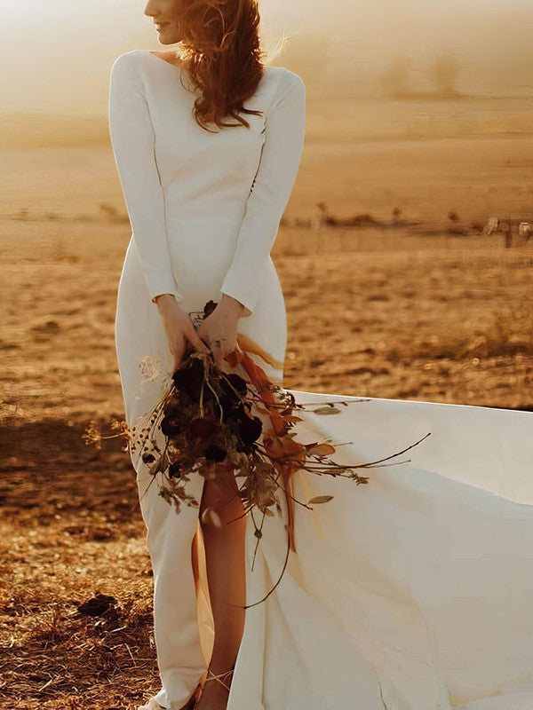 Fashionable Sheath Jewel Neck Long Sleeves Backless Stretch Satin Court Train Wedding Dresses with Split