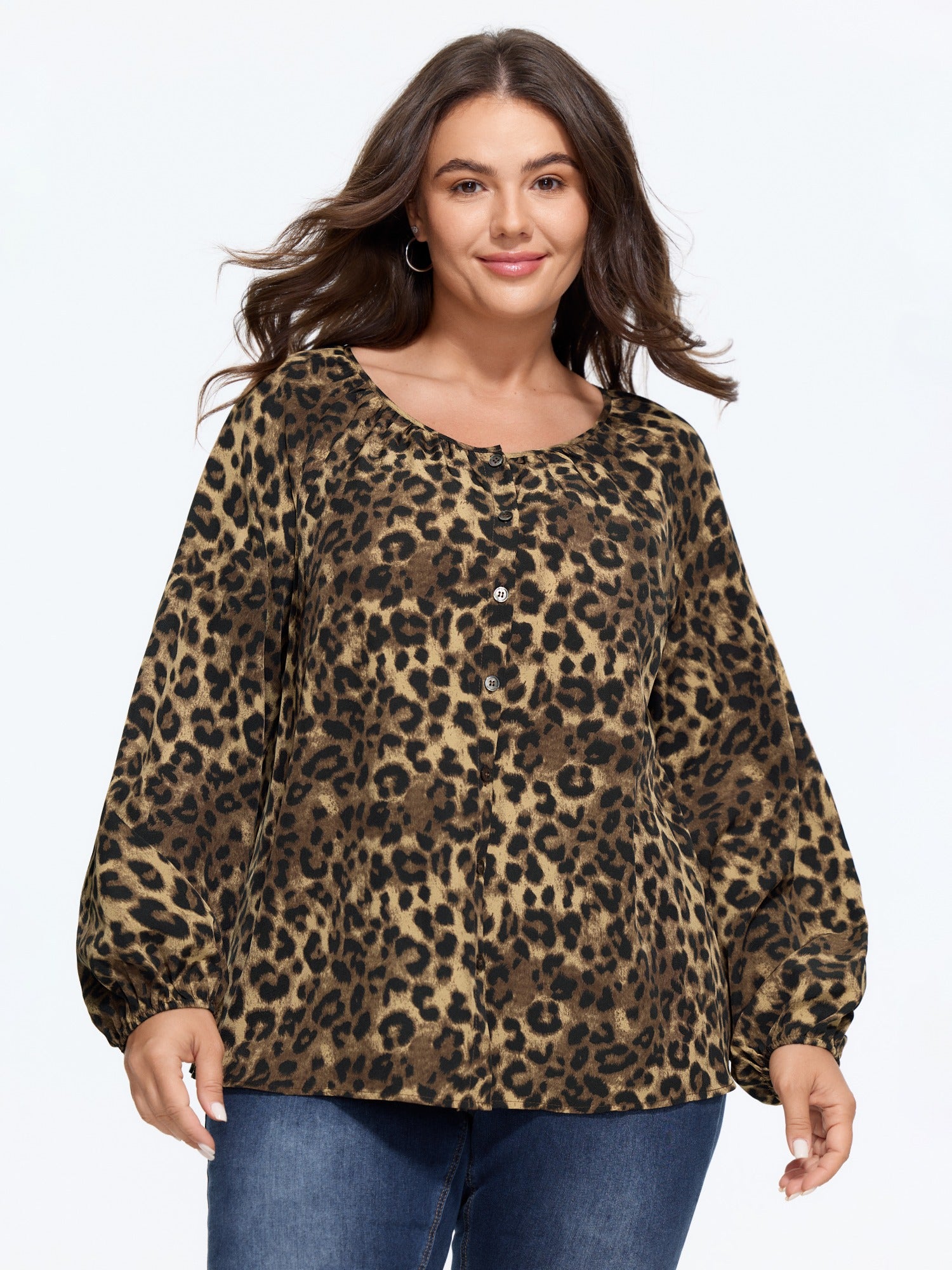 Leopard Print Round Neck Button‑Front Blouse