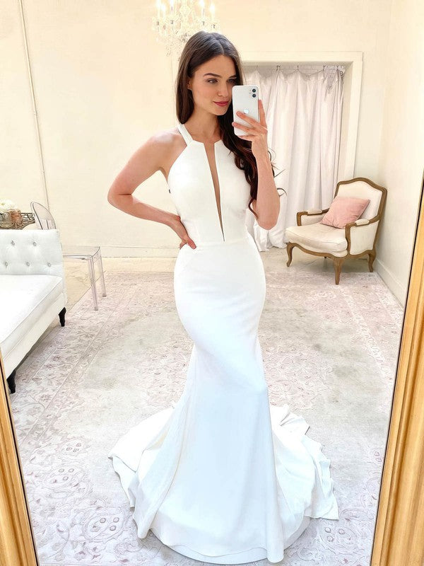 Chic Mermaid Sleeveless Satin Sweep Train Wedding Dresses