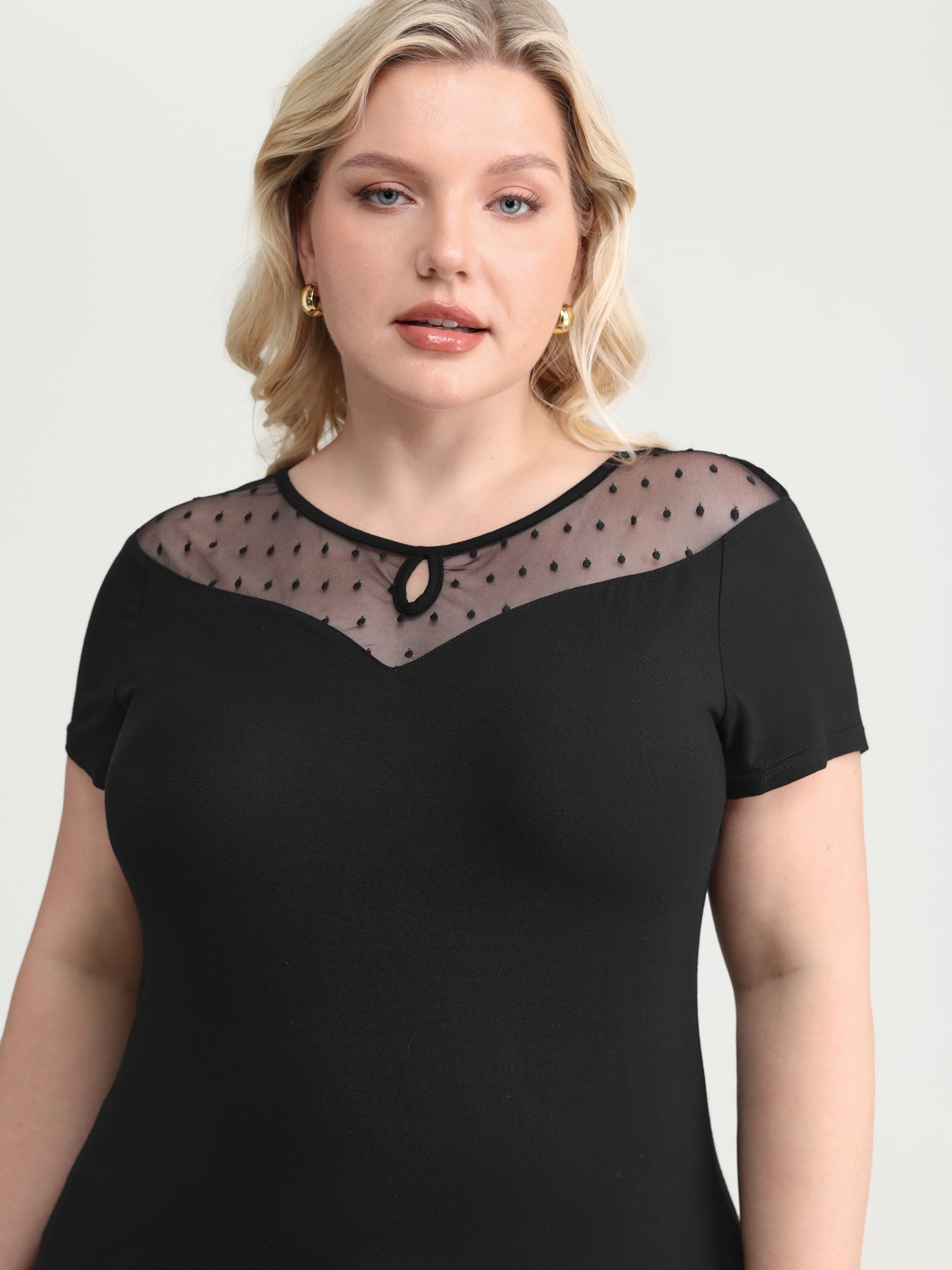 Stretchy Sheer Neckline Fitted T-Shirt