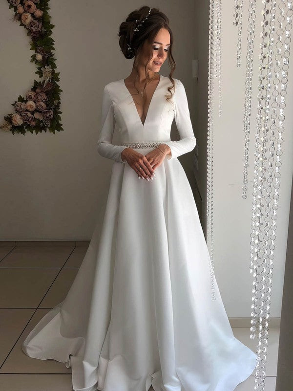 Elegant A-Line V-Neck Long Sleeves Satin Court Train Wedding Dresses with Pockets