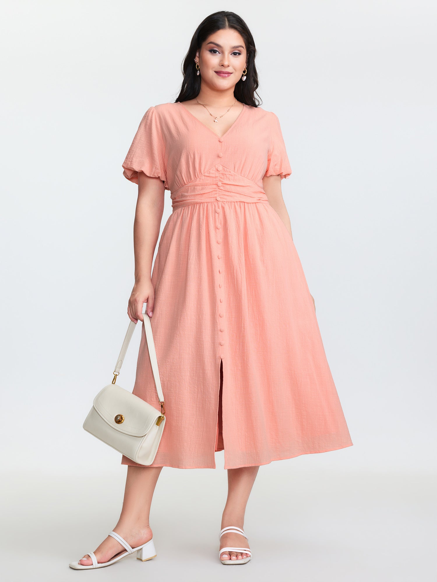 Cotton Textured Pleated Waist Placket Button Maxi Dress