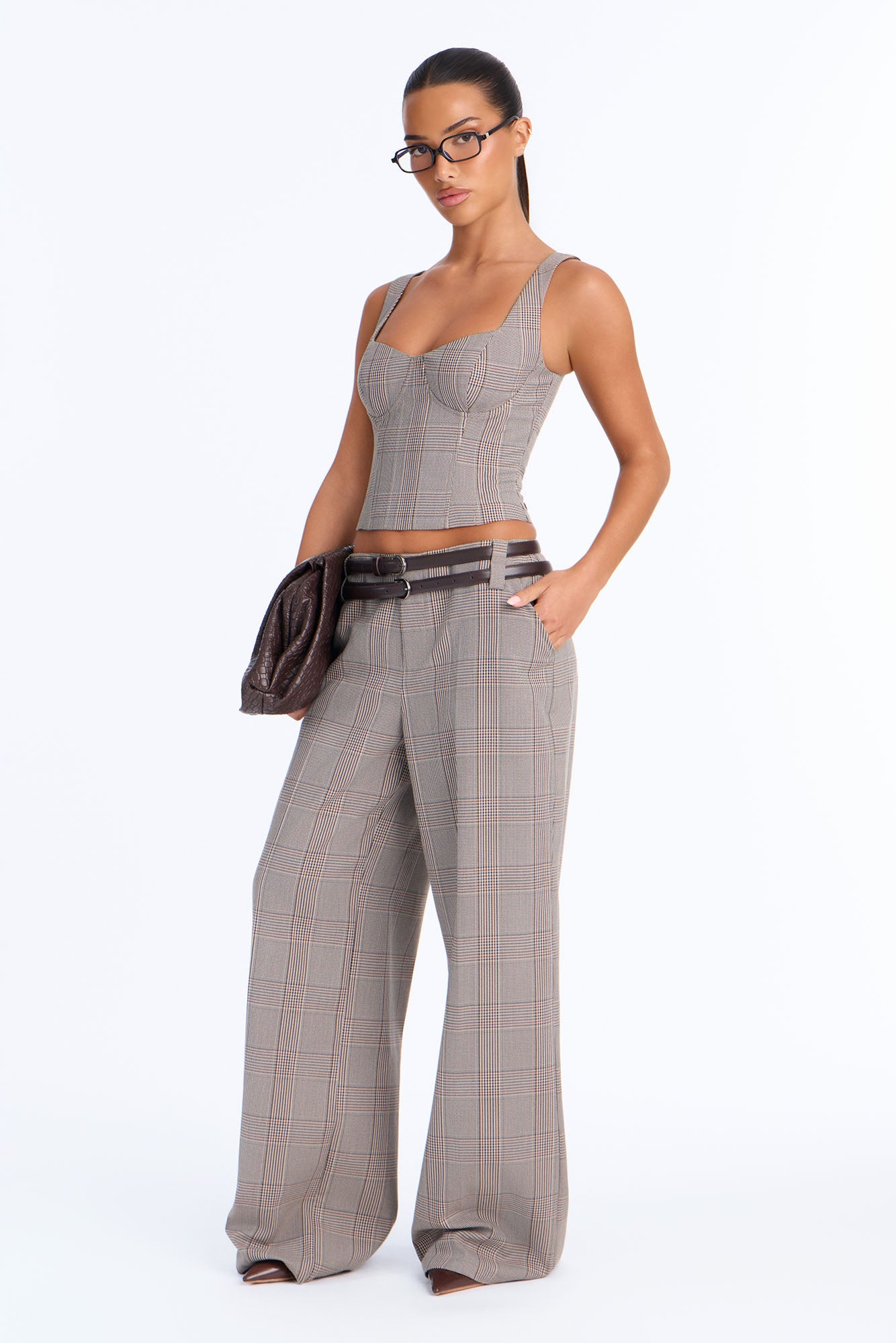 Noble Plaid Pant Set - Taupe/combo