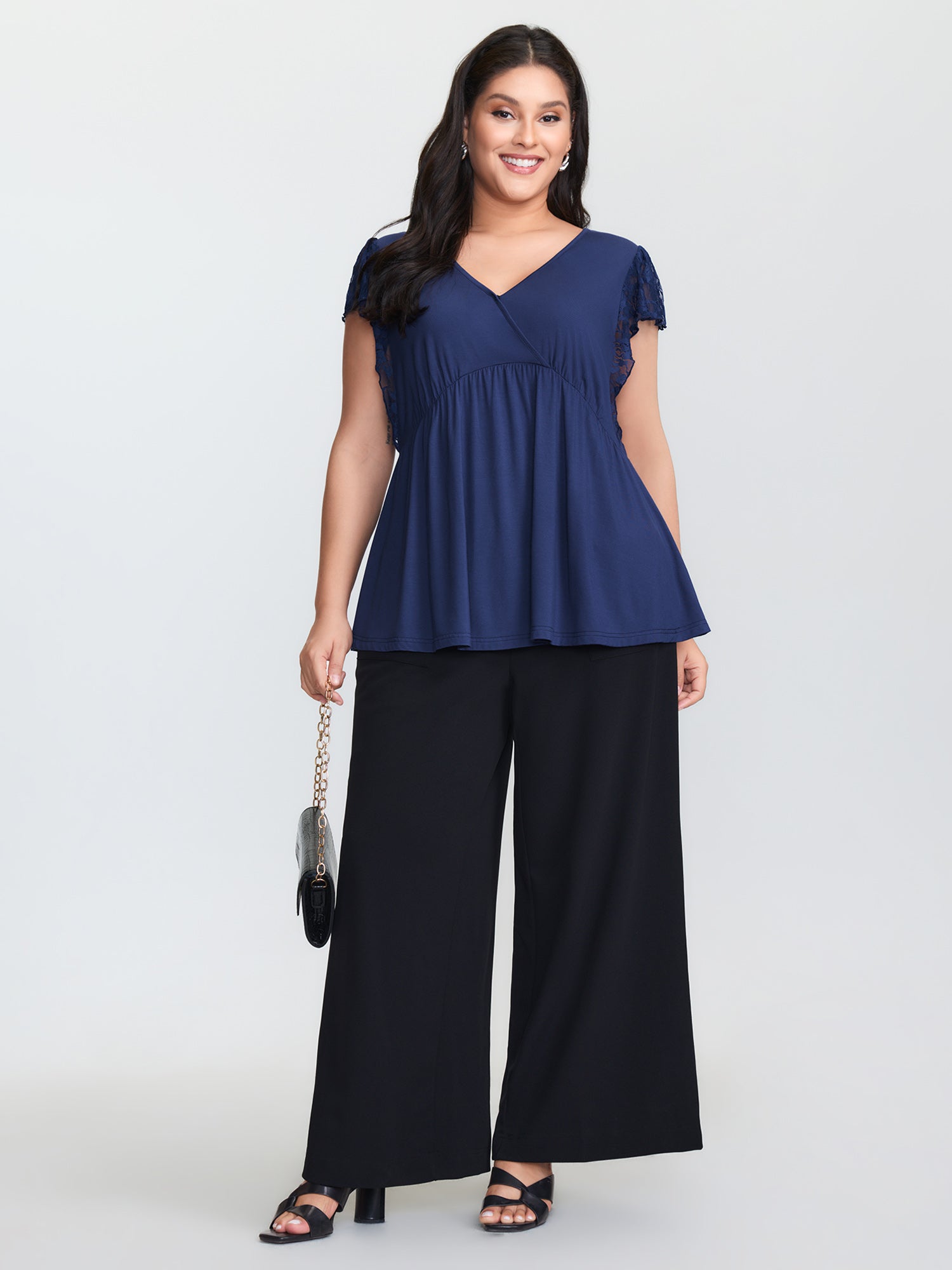 Sheer Lace Sleeve V-Neck Top