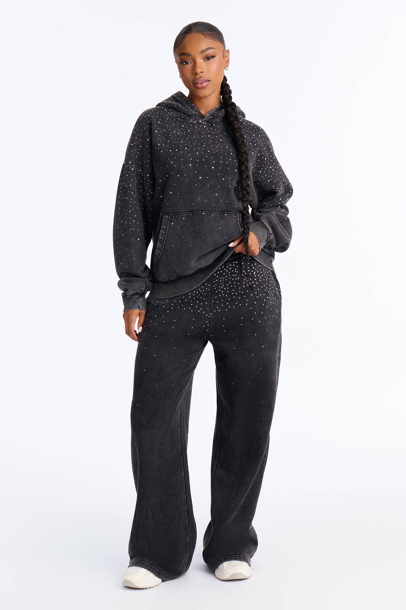 Emme Fleece Rhinestone Washed Pant Set - Black