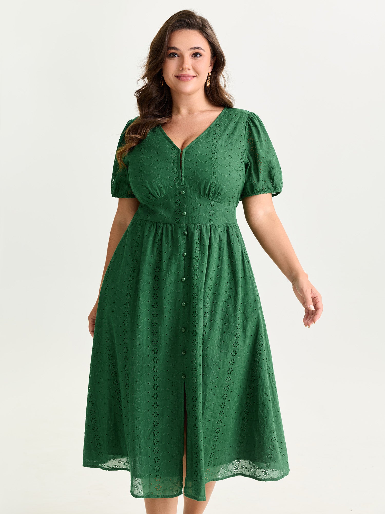 Cotton Eyelet Trim Cinched-Waist Midi Dress