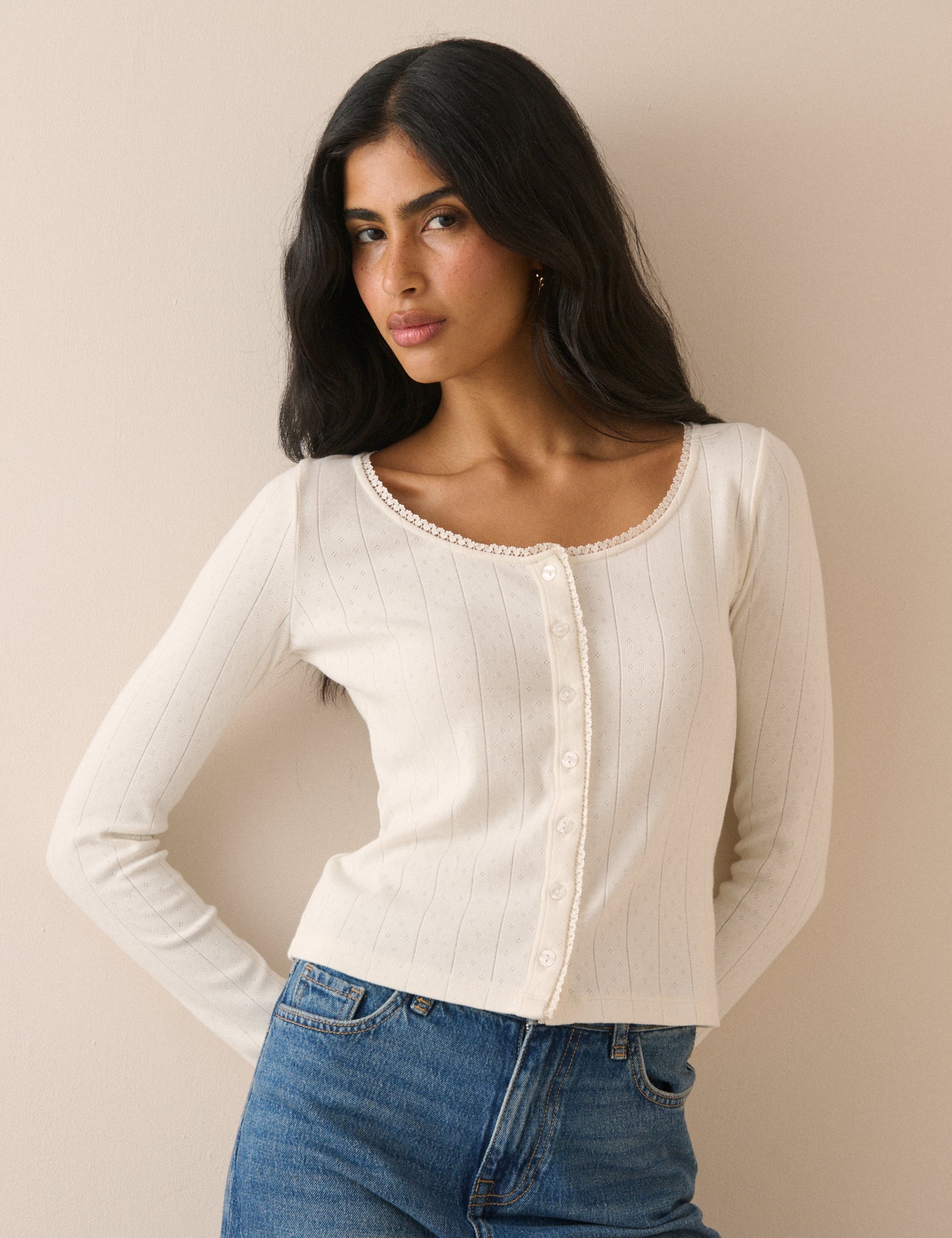 White Scoop Neck Pointelle Cardigan