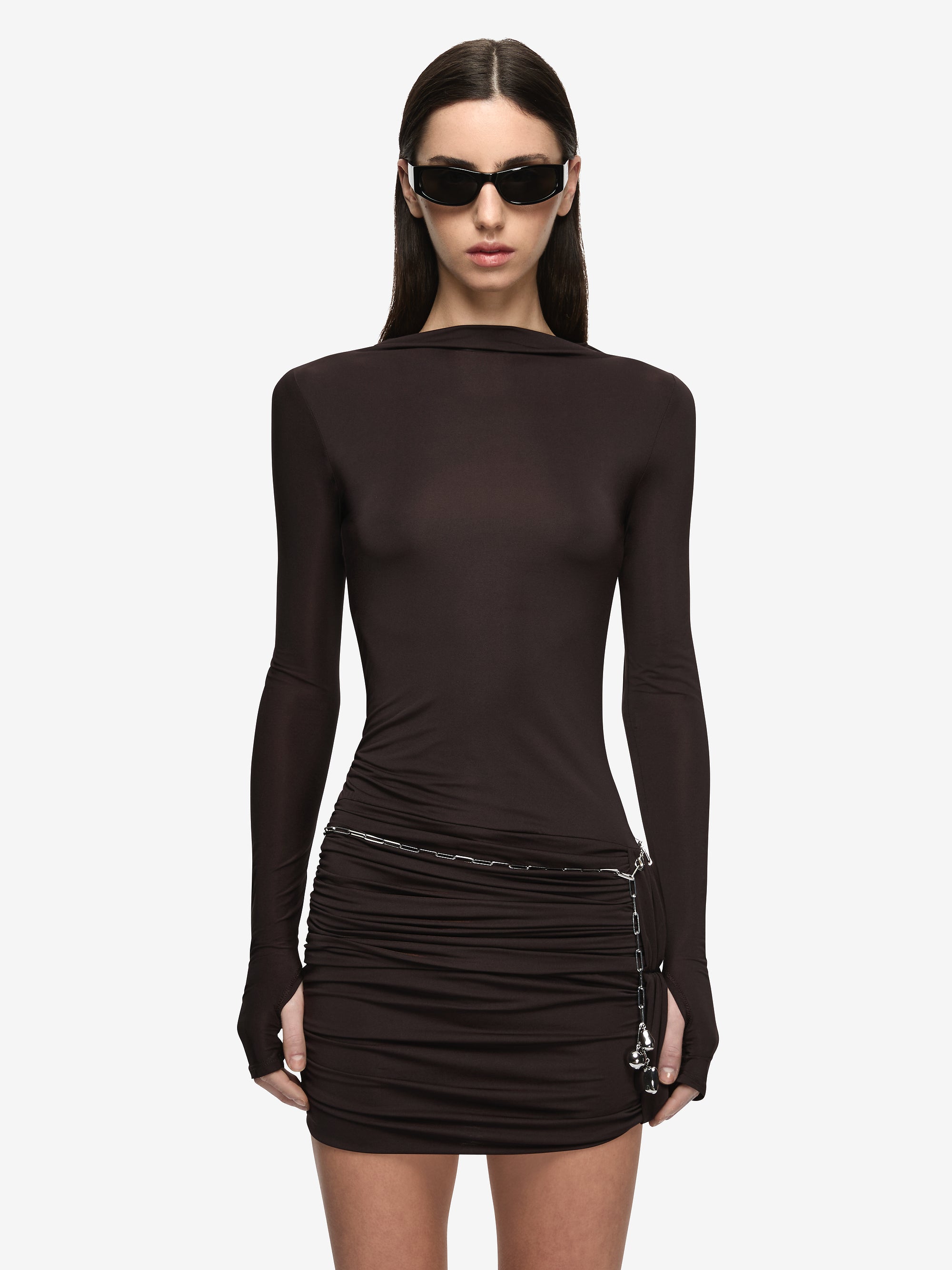 ANDREA LONG SLEEVE MINI DRESS  - DARK CHOCOLATE
