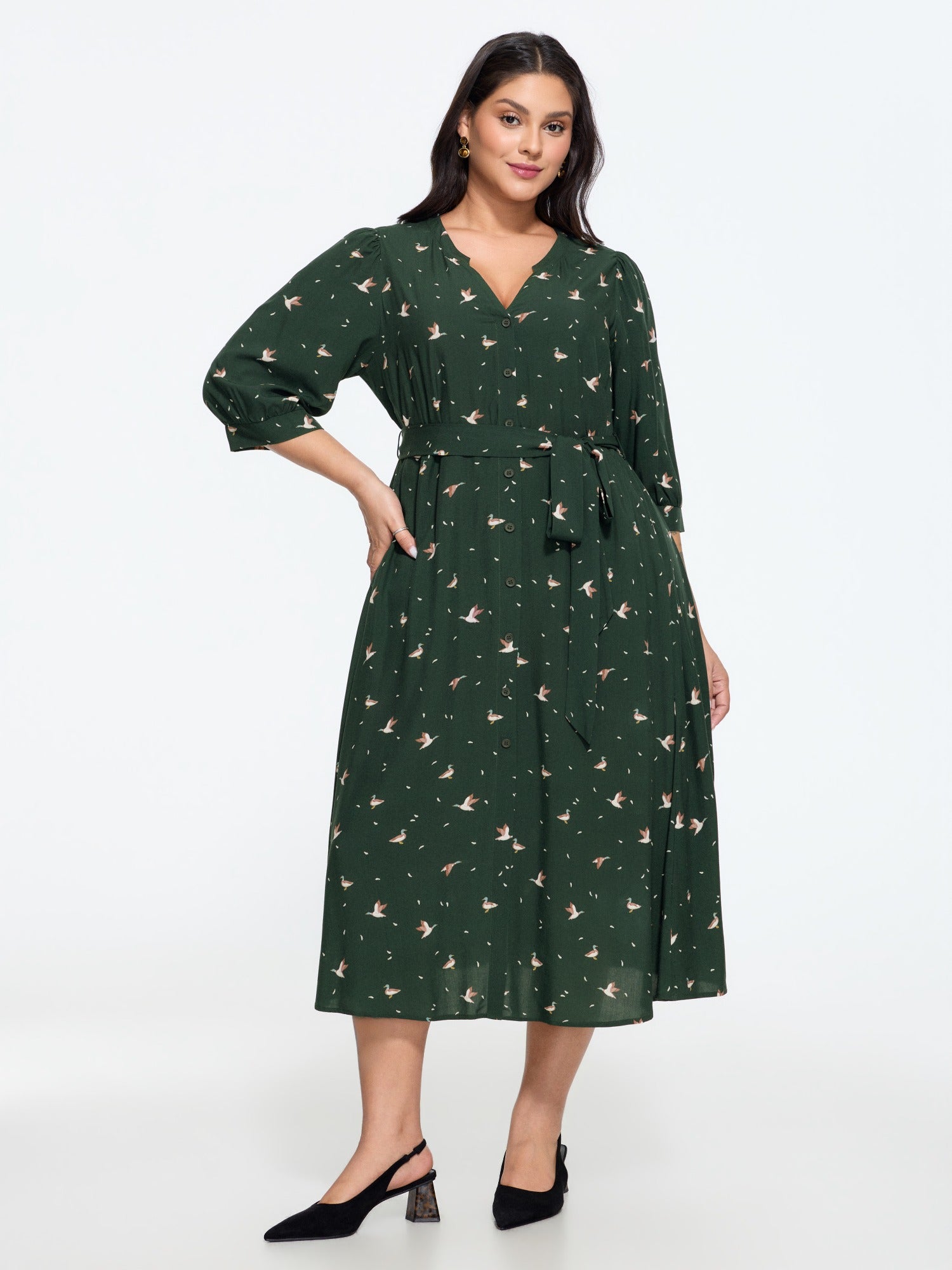 Duck Print Button Front Belted Midi Dress