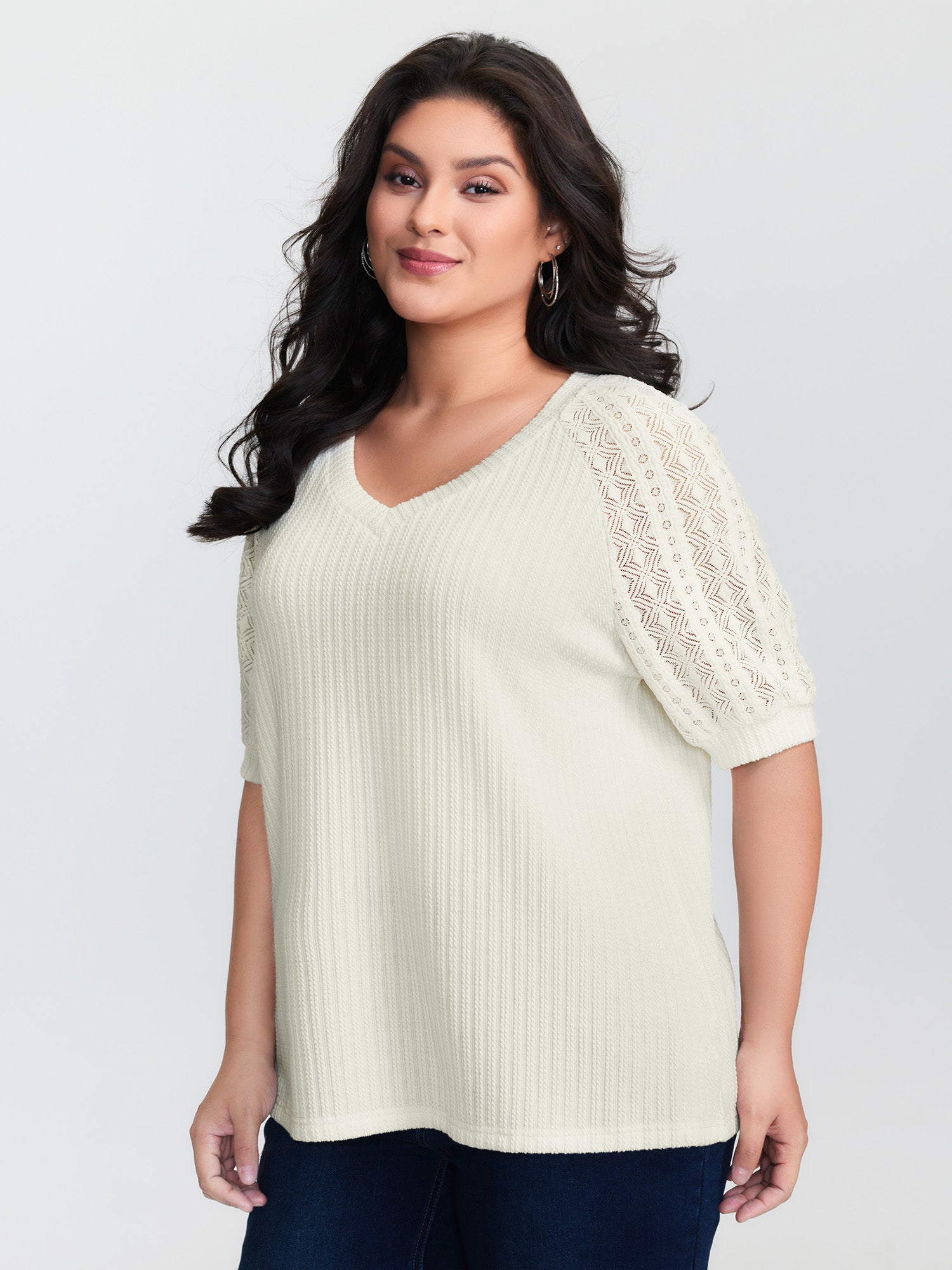 Textured Spliced V-Neck T-Shirt