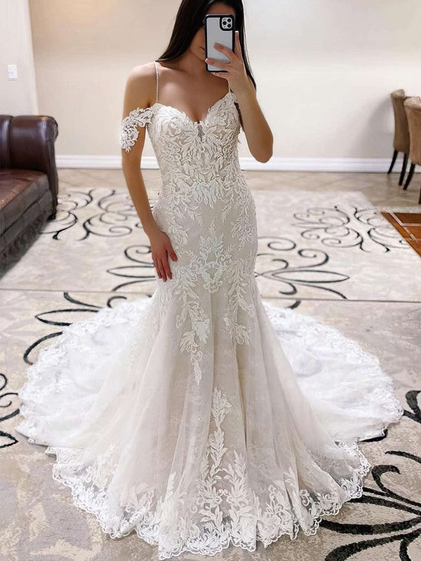 Luxurious Trumpet Spaghetti Straps Off-The-Shoulder Lace Wedding Dresses