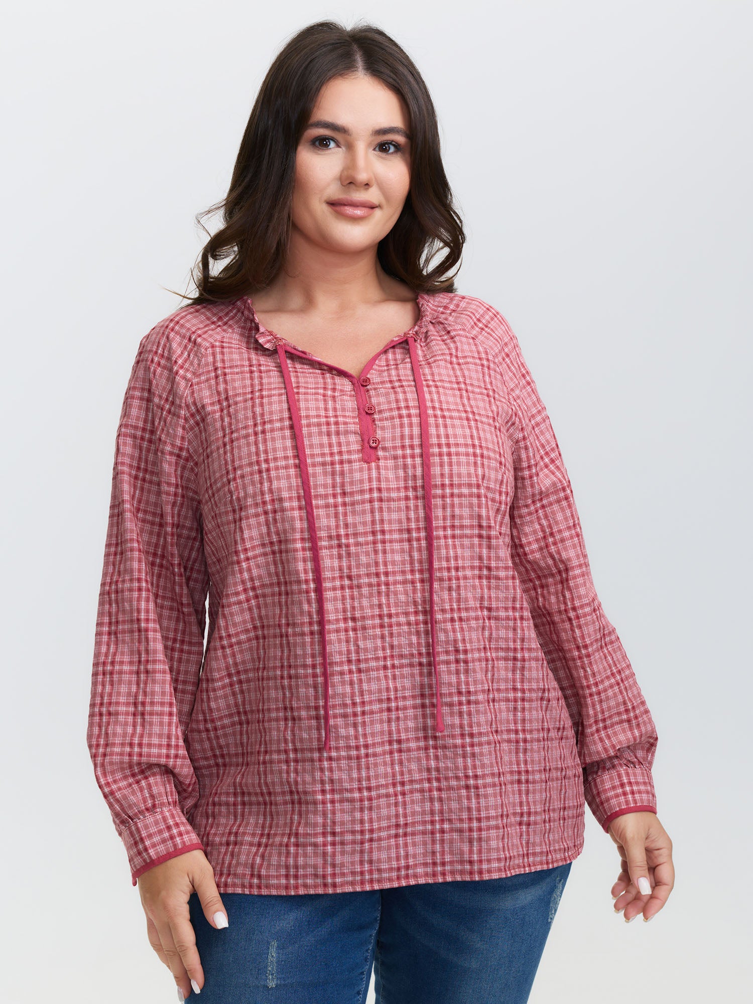 Gingham Print Ruffled Neck-Tie Blouse