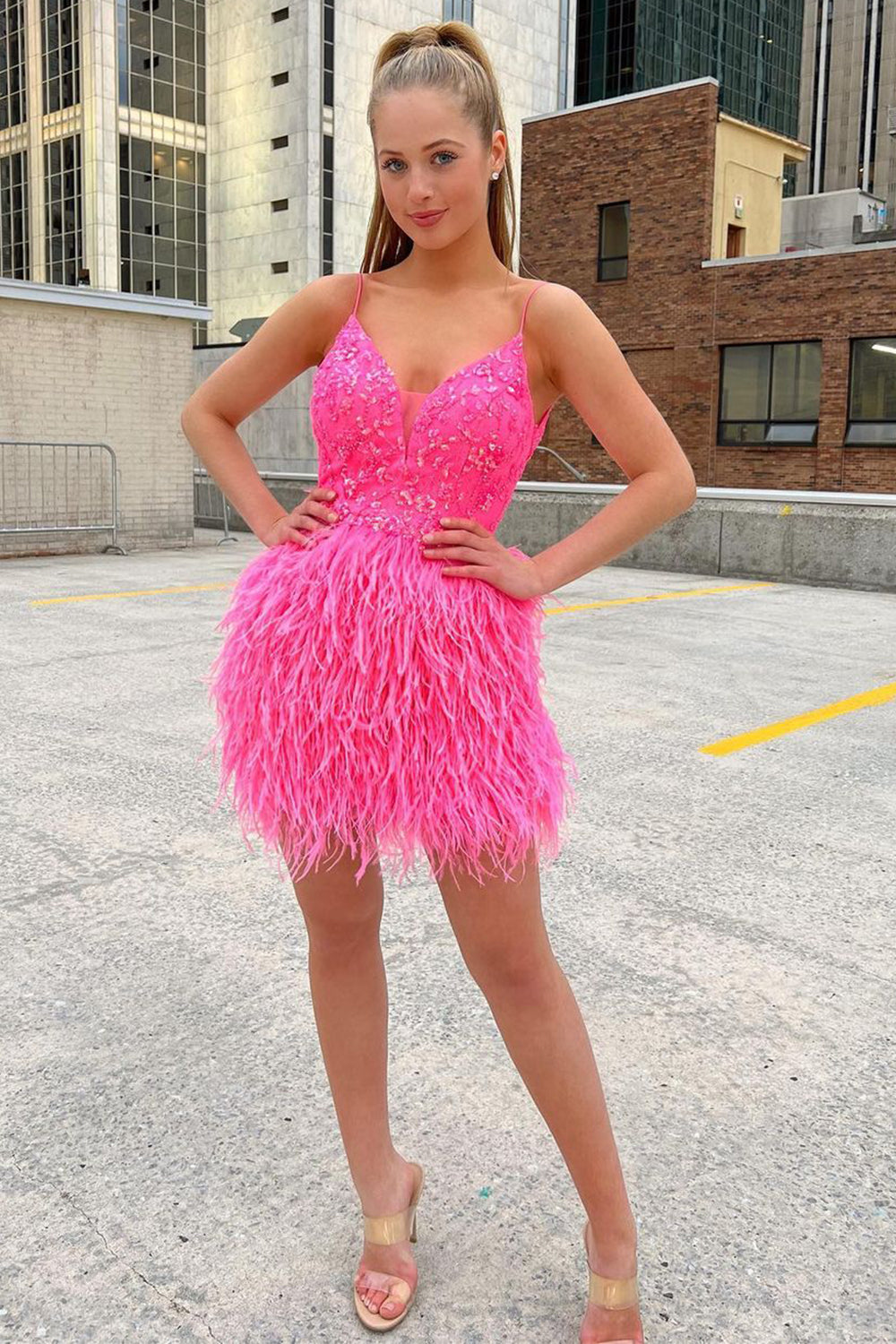 Pink Sequins Tight Homecoming Dress/Mini Dress with Feathers
