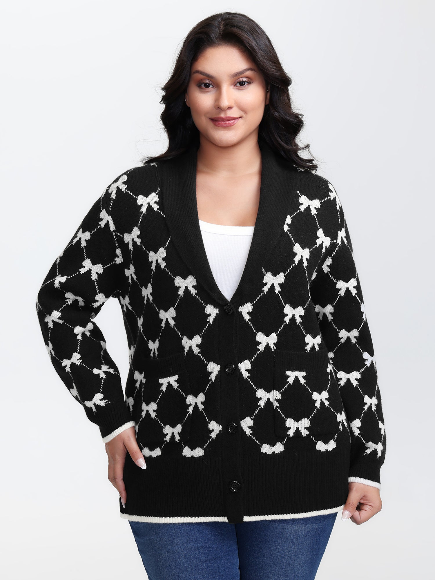 Bowknot Jacquard Button Knit Cardigan