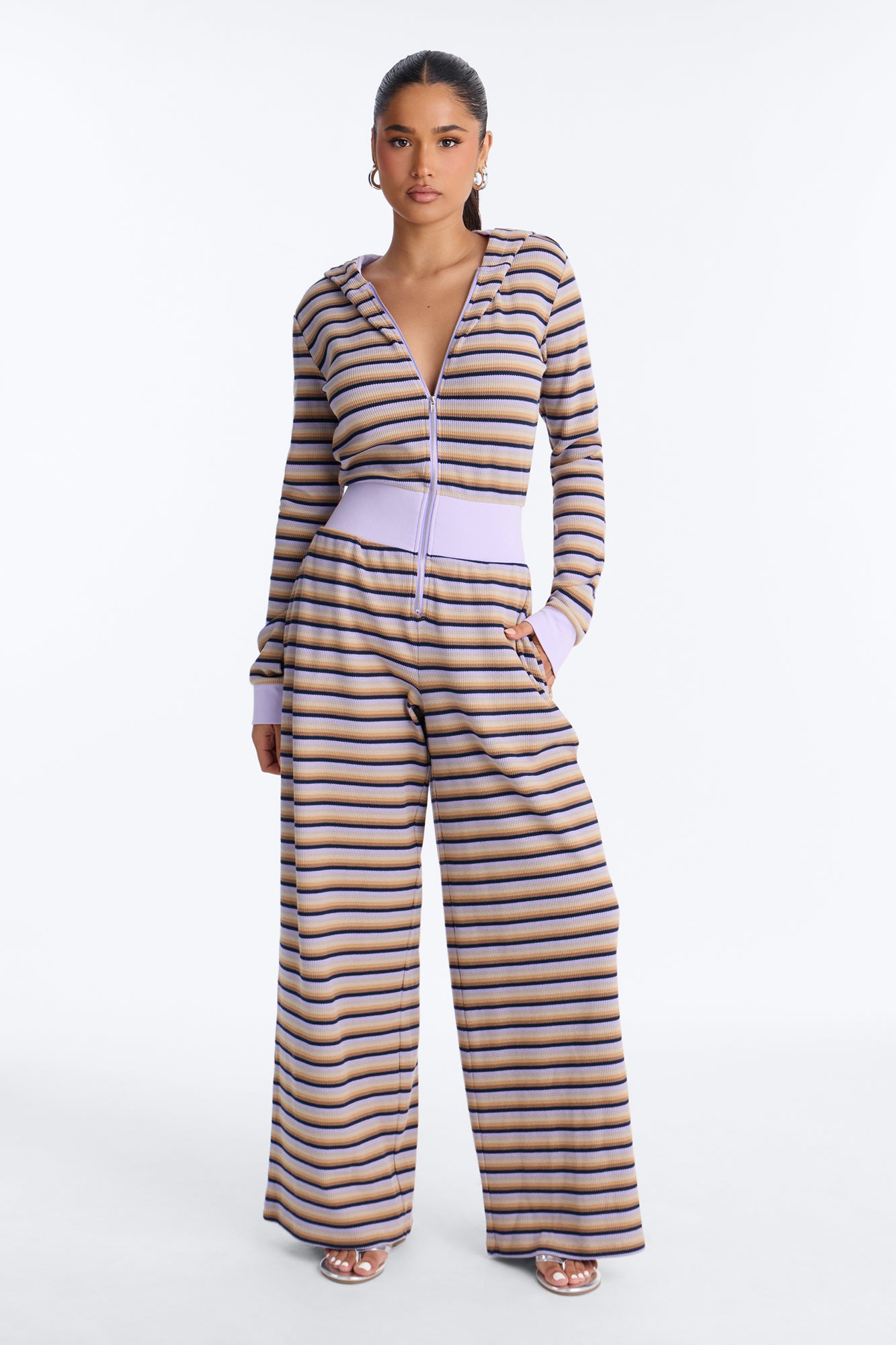 Cassie Striped Waffle Jumpsuit - Purple