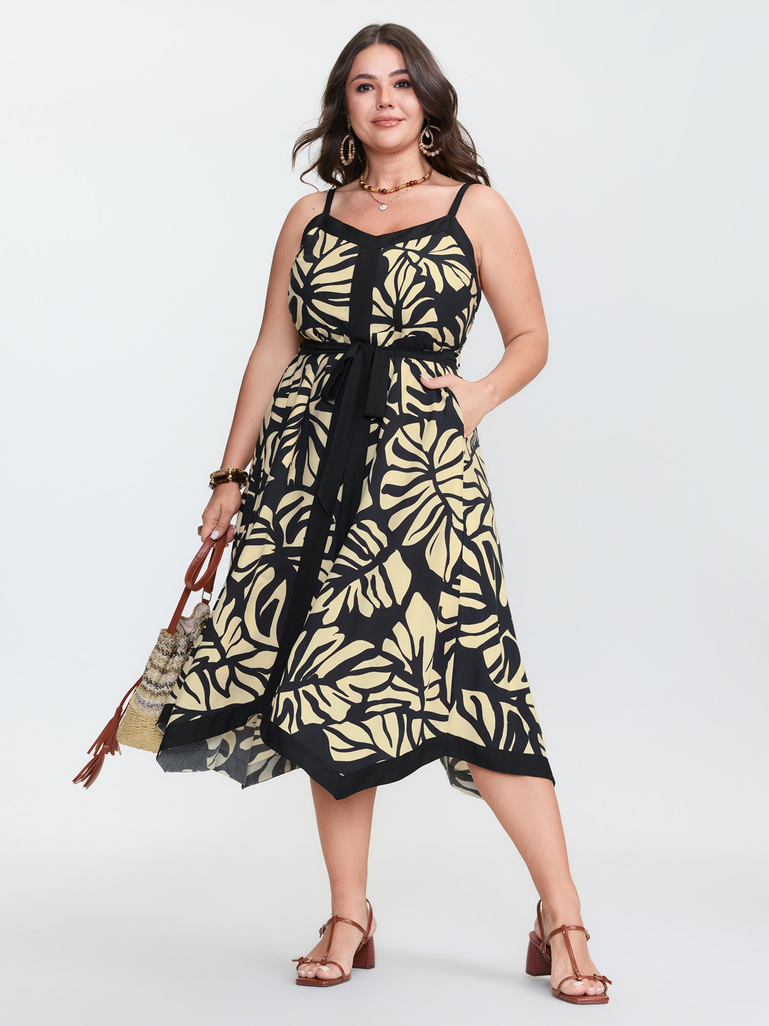 Leaf Print Waist Tie Cami Midi Dress