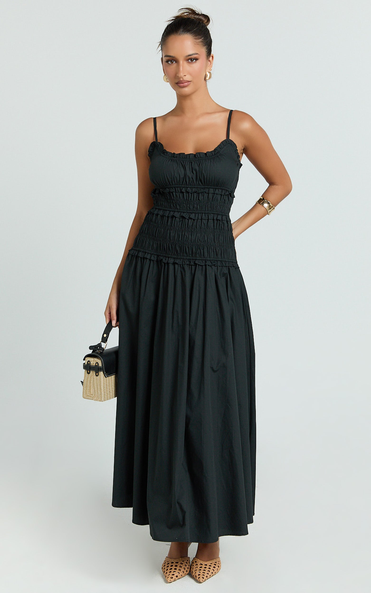 Cami Midi Dress - Rushed Bodice Dress in Black