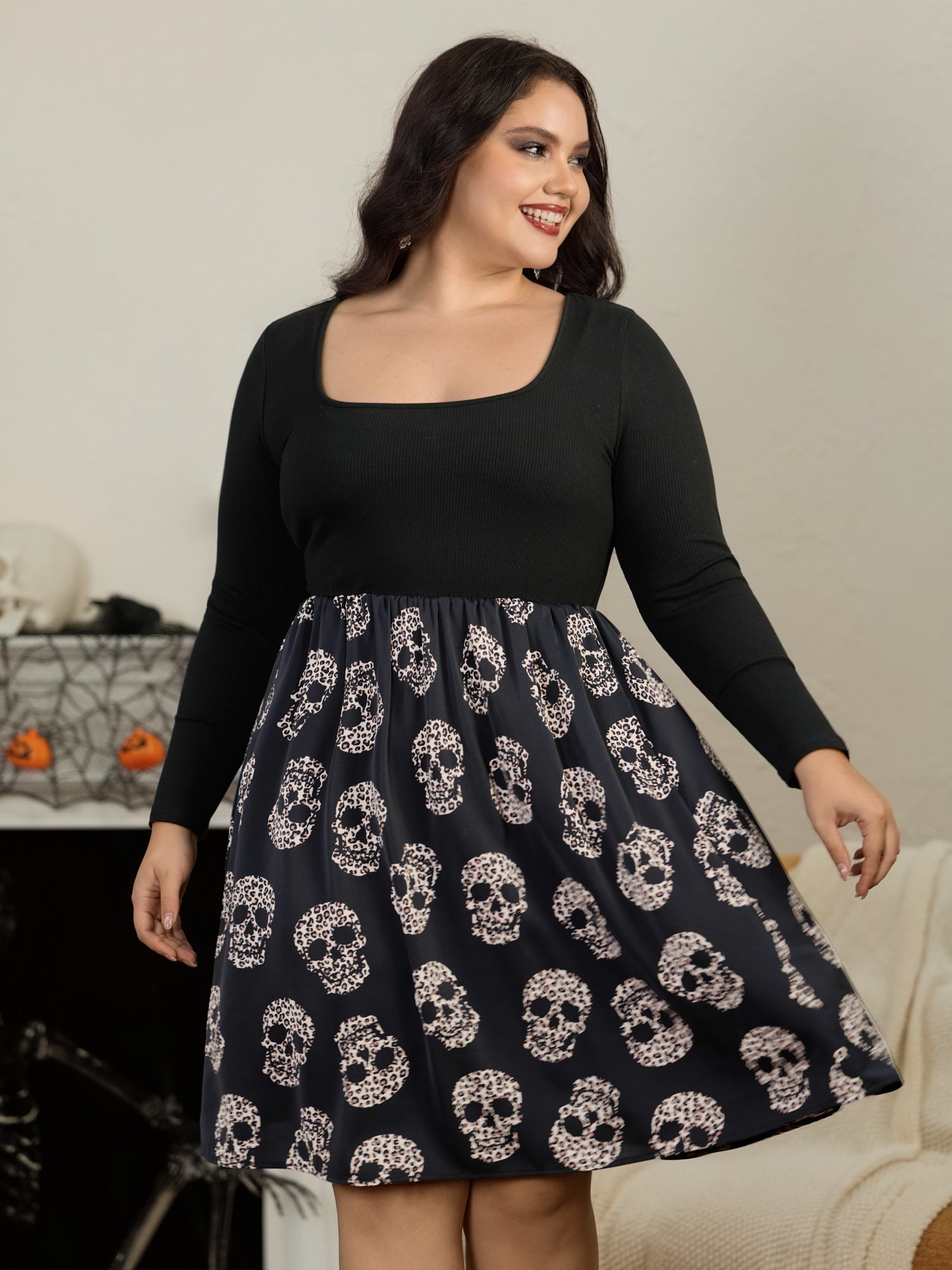Leopard Skull Print Square Neck Mini Dress
