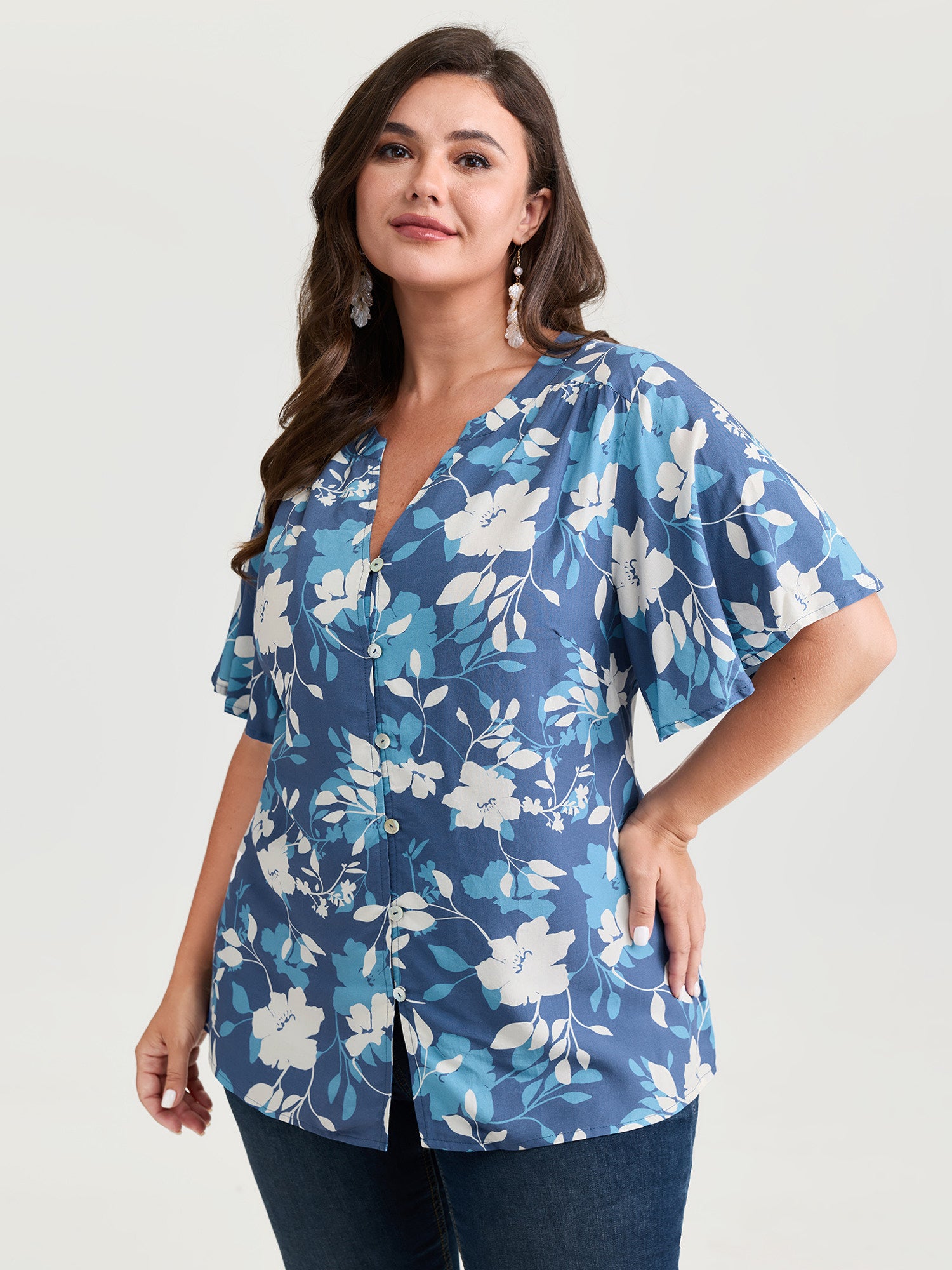 Silhouette Flower Print Button-Down Blouse