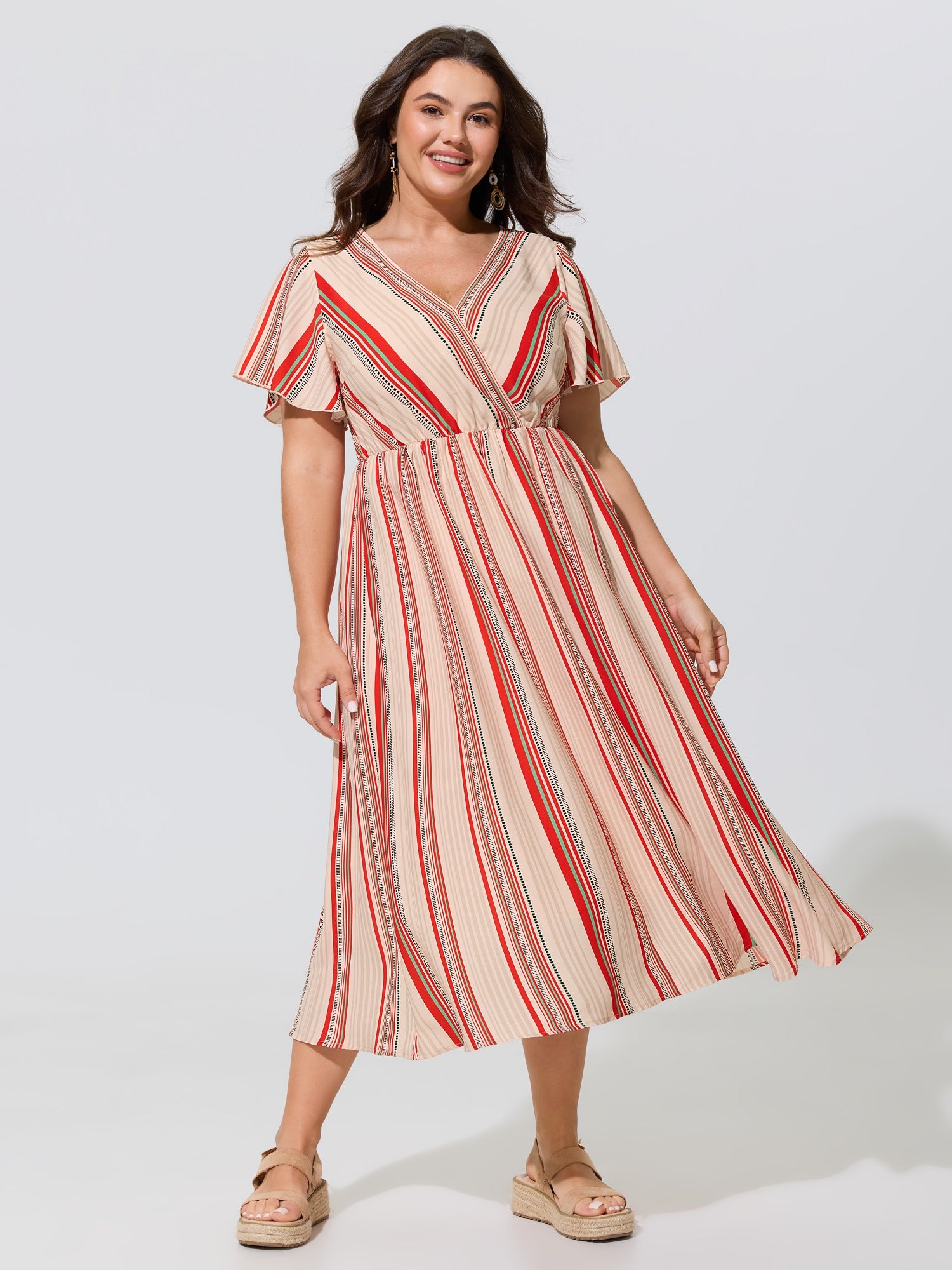 Striped Wrap V Neck Flutter Sleeve Midi Dress