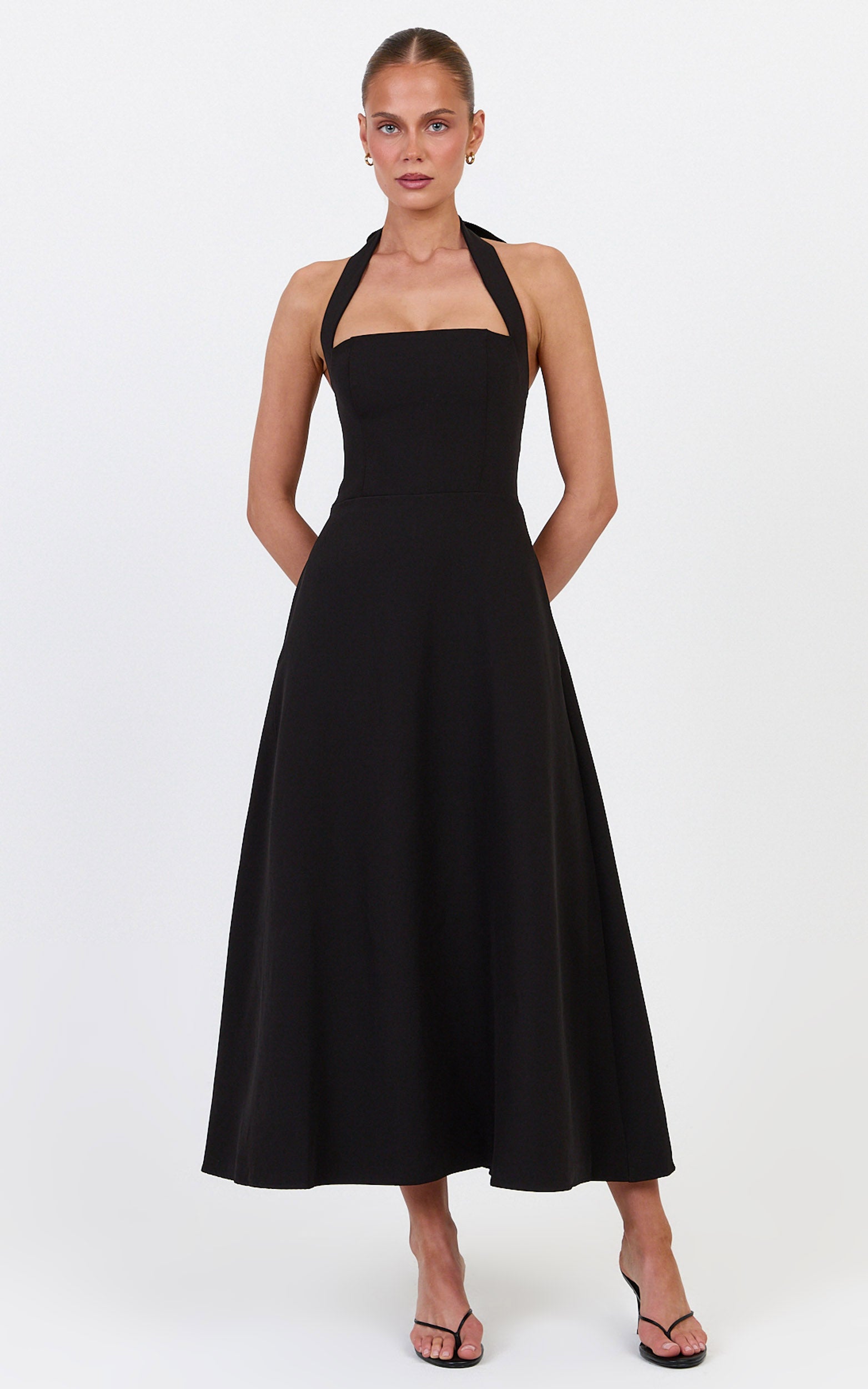 Karissa Midi Dress - Halter Neck Fit and Flare Midi Dress in Black