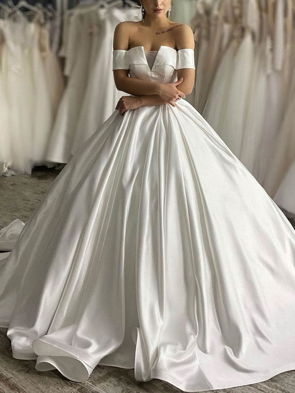 Elegant Off-The-Shoulder V-Neck Ball Gown Satin Court Train Wedding Dresses
